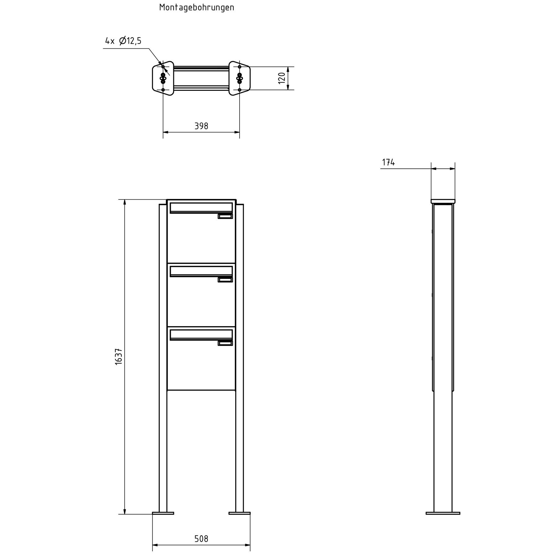 3er 1x3 Edelstahl Zaunbriefkasten Design BASIC Plus 380XZ ST-T - RAL nach Wahl