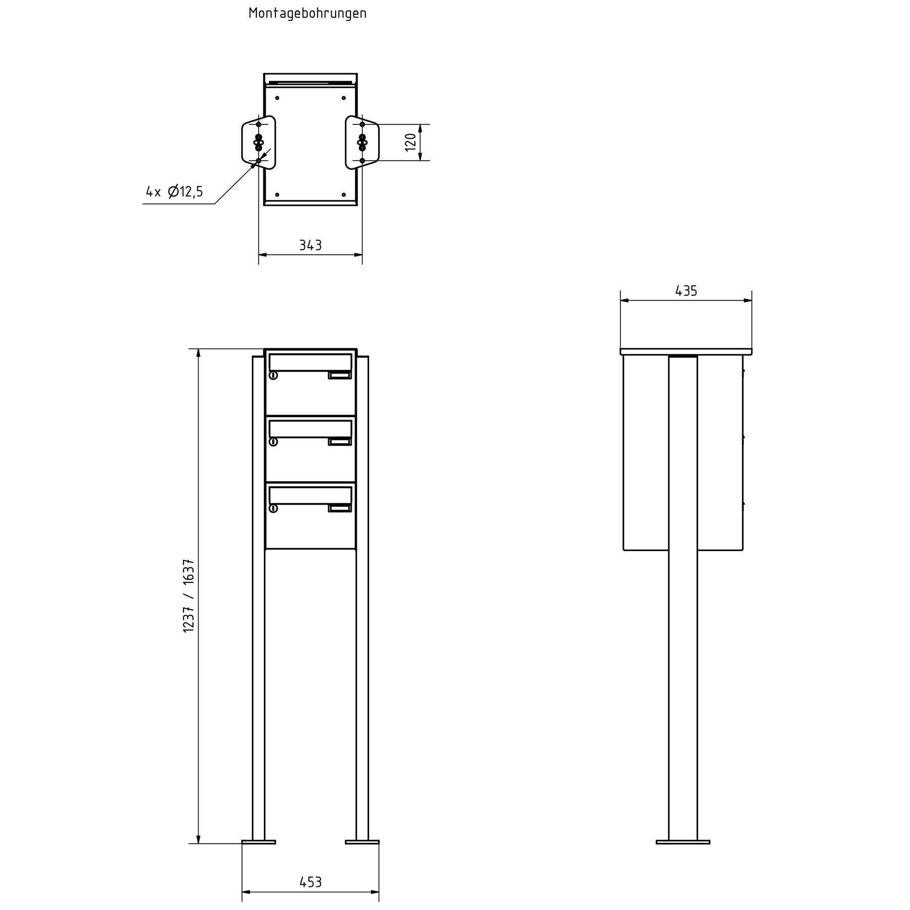 3er Briefkastenanlage freistehend Design BASIC Plus 385XP ST-T - Edelstahl-RAL nach Wahl