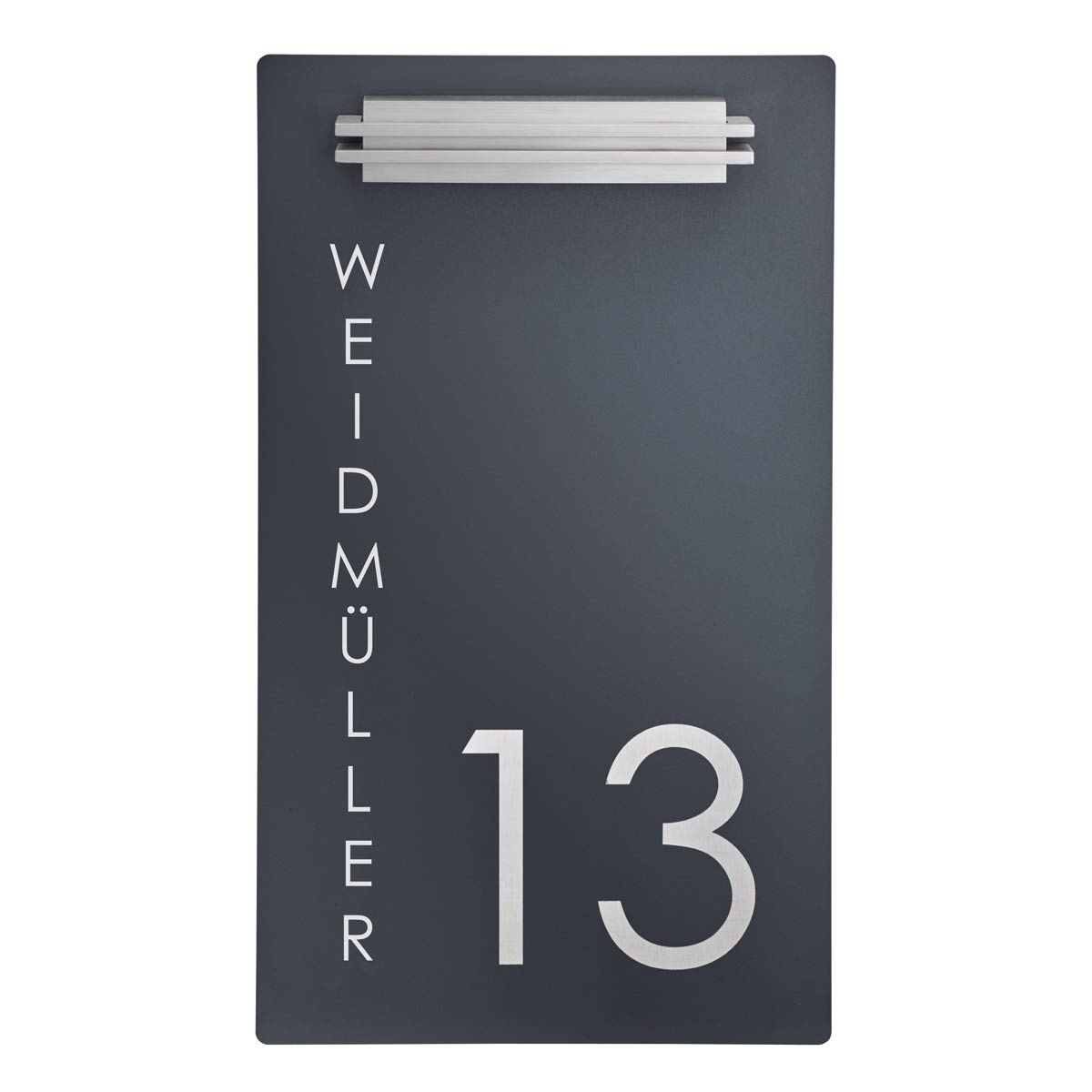 Edelstahl Schild Elegance 423A 225x395 - RAL nach Wahl - LED Beleuchtung - Hausnummer - Straße o. Name