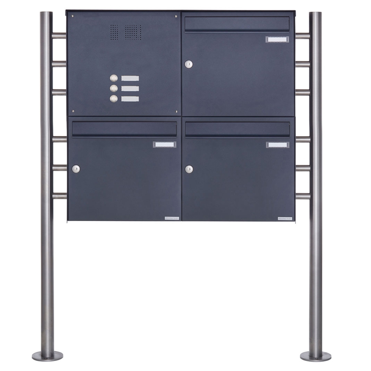 3er Edelstahl Standbriefkasten Design BASIC Plus 381X ST-R  mit Klingelkasten - RAL nach Wahl