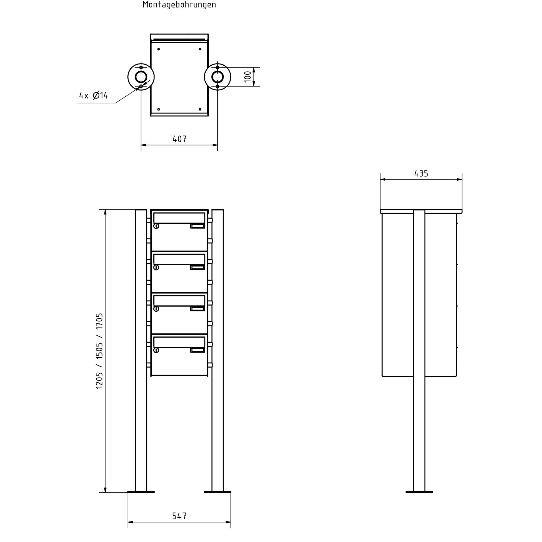 4er 4x1 Edelstahl Standbriefkasten Design BASIC Plus 385X ST-R - 220mm - RAL nach Wahl