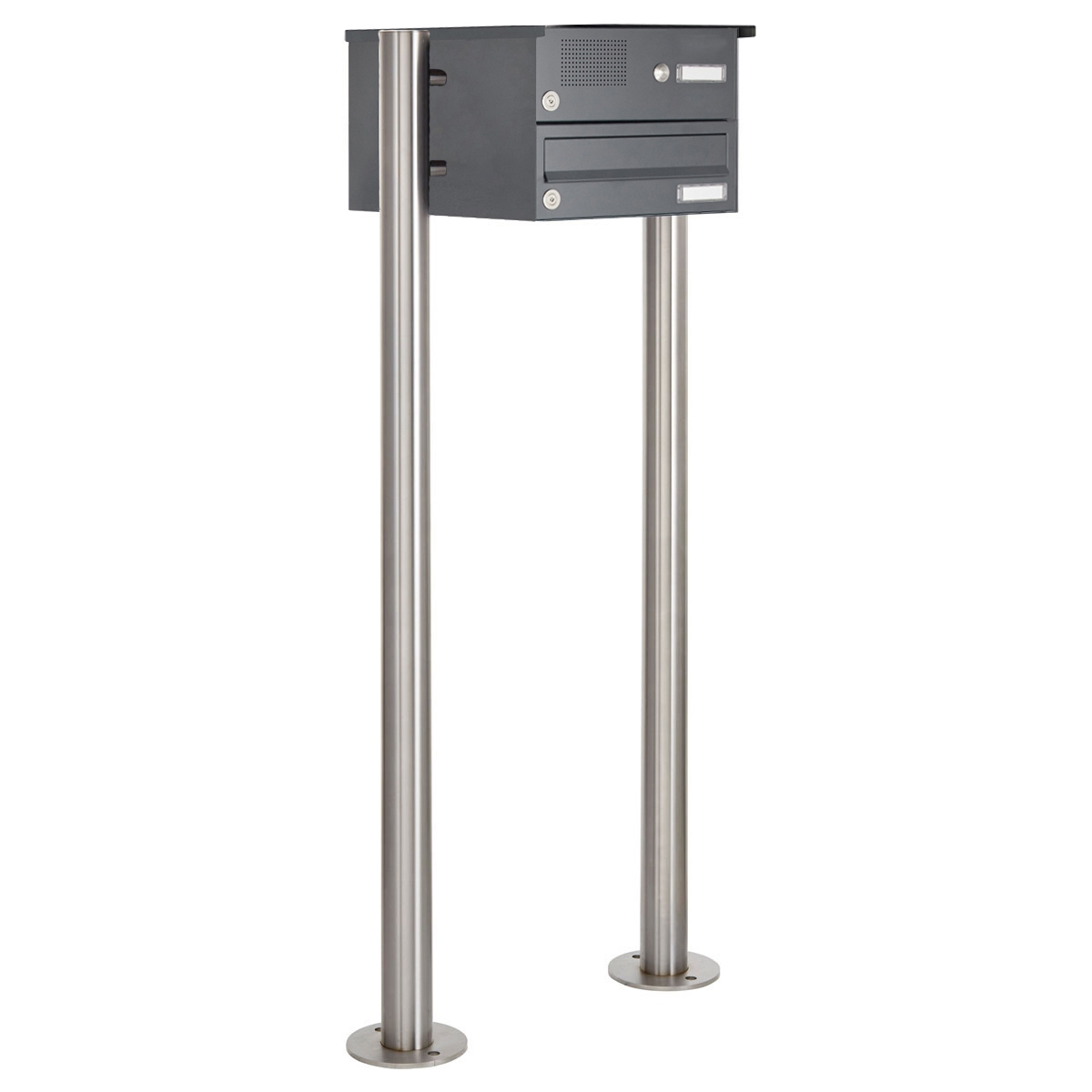 1er Edelstahl Standbriefkasten Design BASIC Plus 385X ST-R mit Klingelkasten - RAL nach Wahl