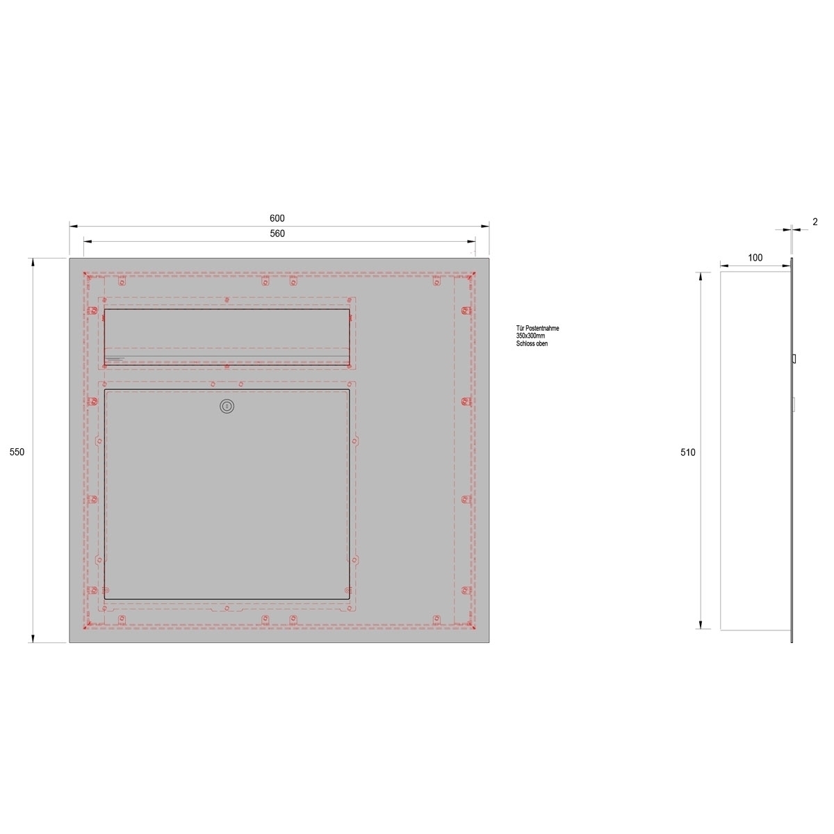 Edelstahl Briefkasten Designer Modell BIG - Seitlich mit DoorBird Video- Sprechanlage - RAL nach Wahl