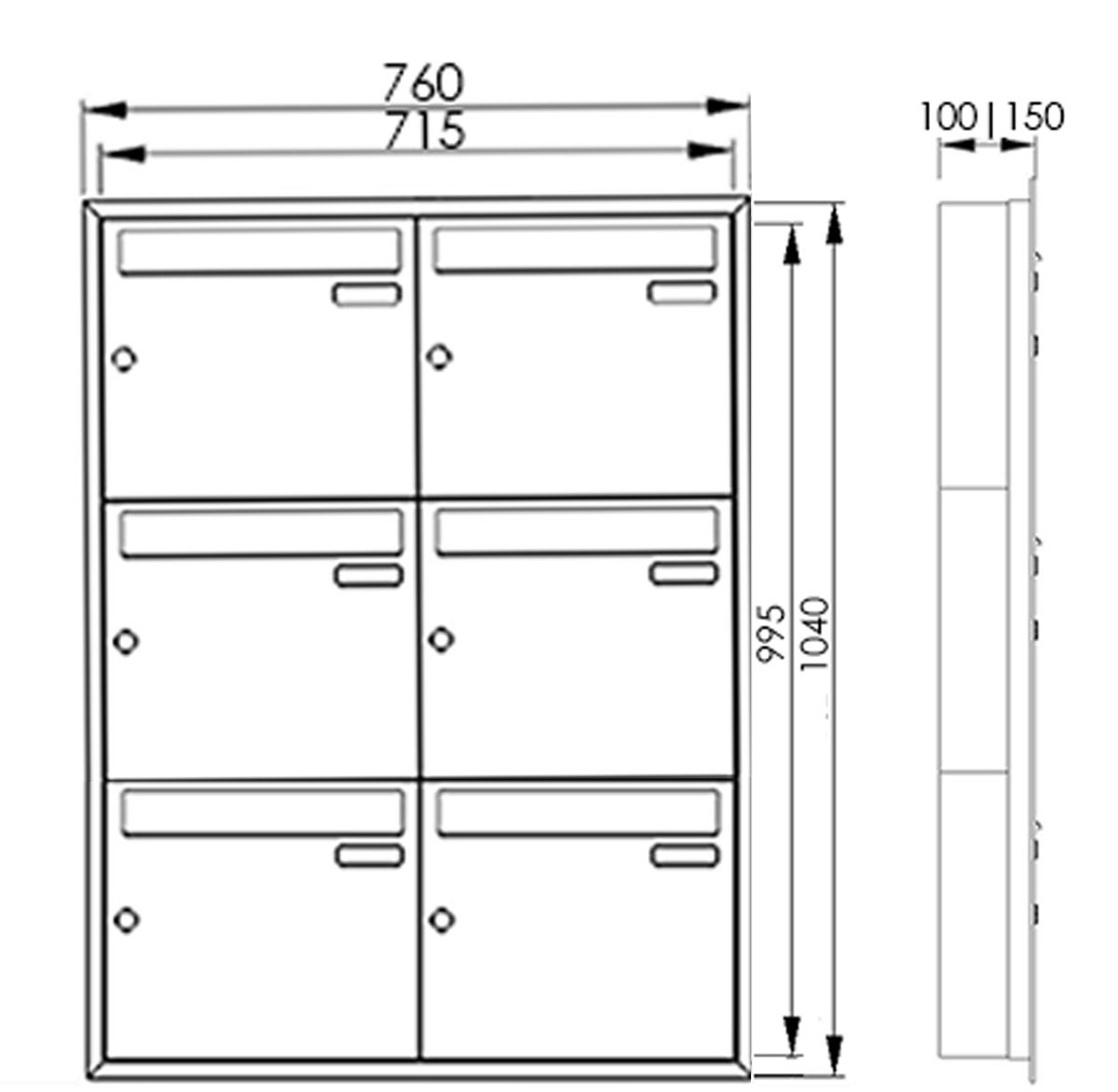 6er 2x3 Edelstahl Unterputz Briefkastenanlage BASIC Plus 382XU UP - RAL nach Wahl - 6 Parteien