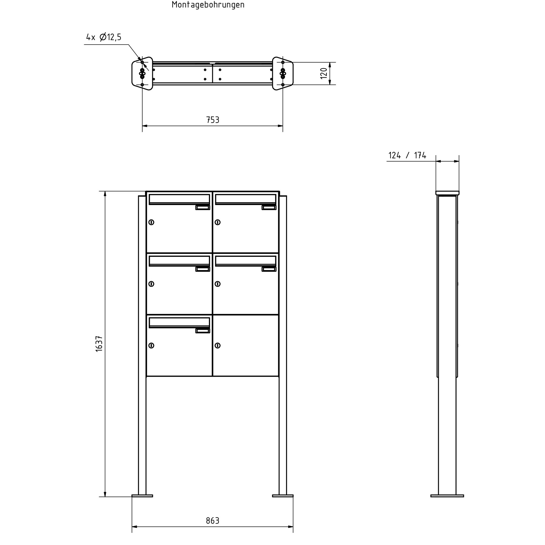 5er 2x3 Edelstahl Standbriefkasten Design BASIC Plus 380X ST-T - RAL nach Wahl