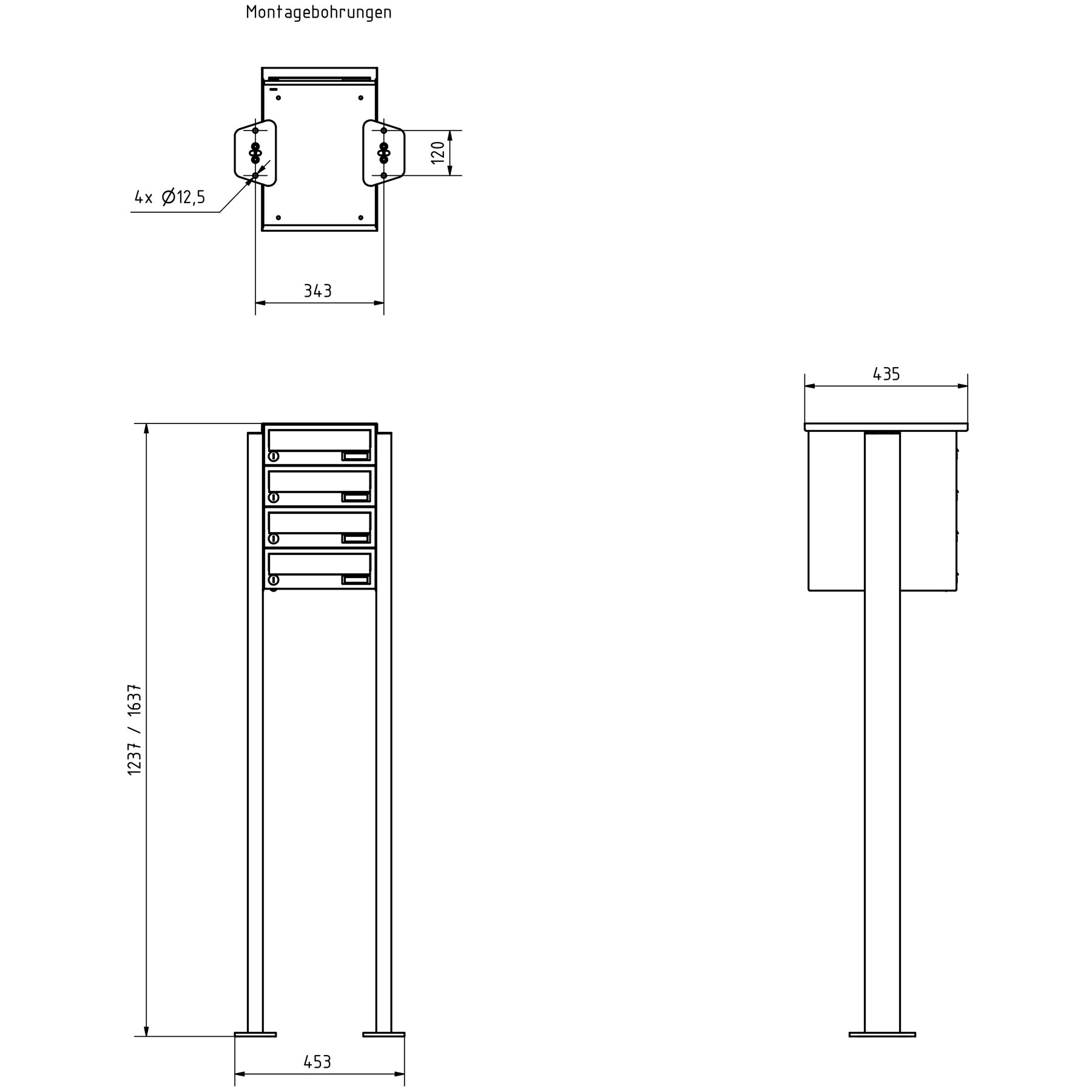 4er Standbriefkasten Design BASIC 385P-9016 ST-T - RAL 9016 verkehrsweiß