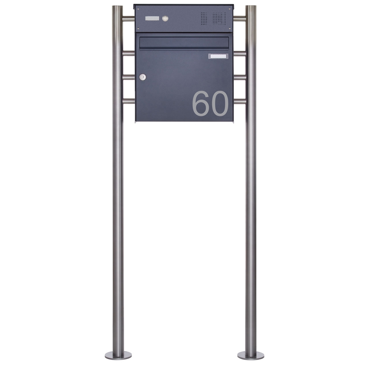 1er Edelstahl Standbriefkasten Design BASIC Plus 381X ST-R  mit Klingelkasten - RAL nach Wahl