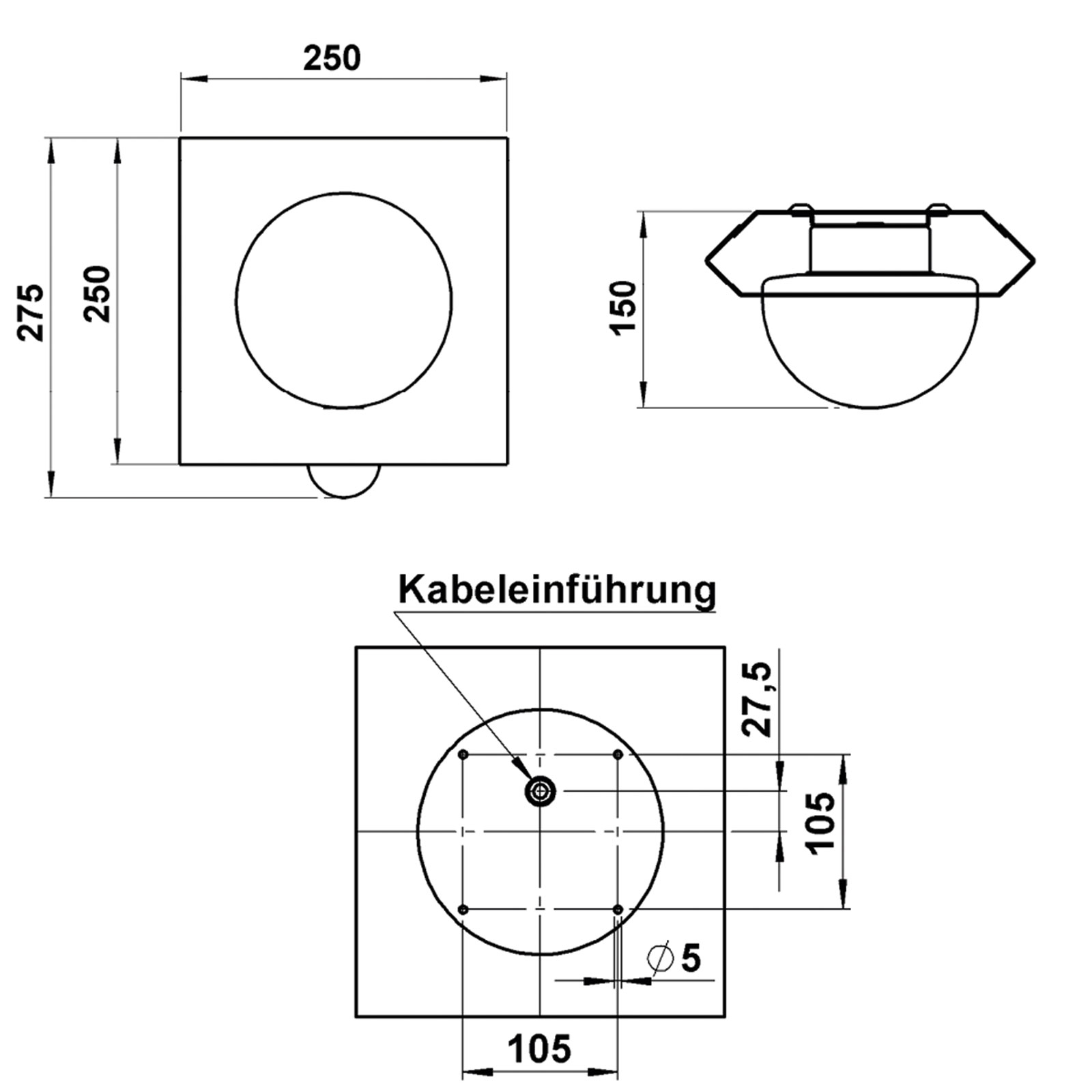 Design Wandleuchte GUTENBERG mit Bewegungsmelder 250x275 - Edelstahl pulverbeschichtet - RAL nach Wahl