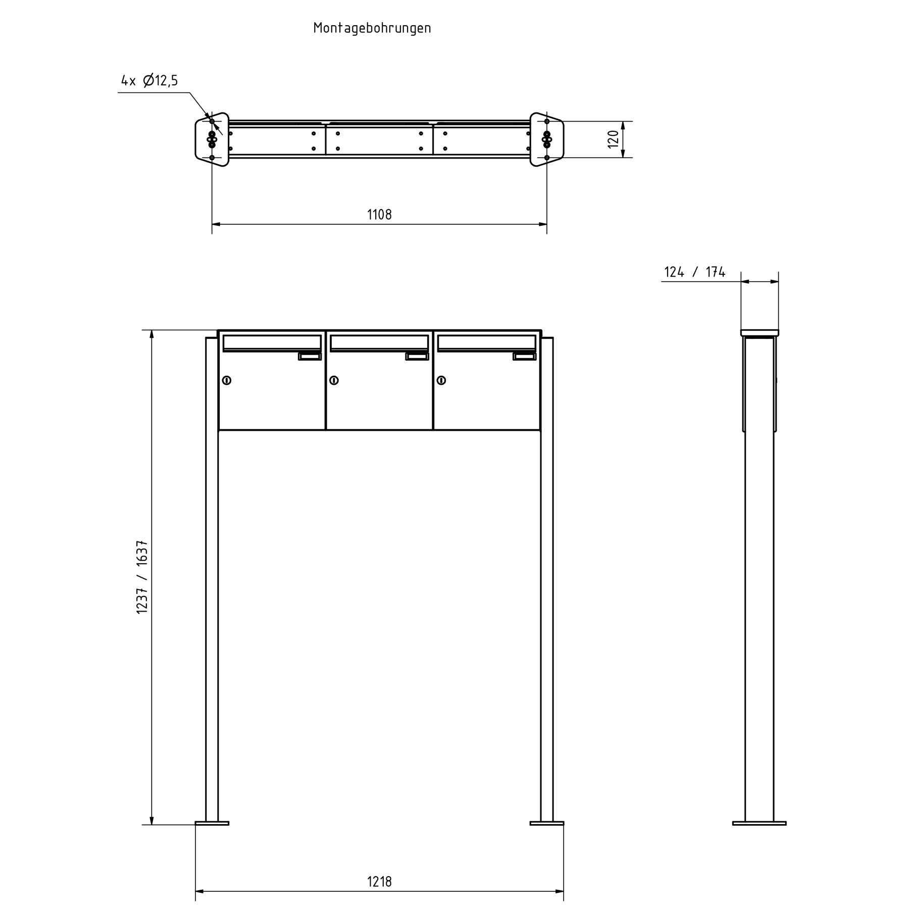 3er 3x1 Edelstahl Standbriefkasten Design BASIC Plus 380 ST-T - RAL nach Wahl