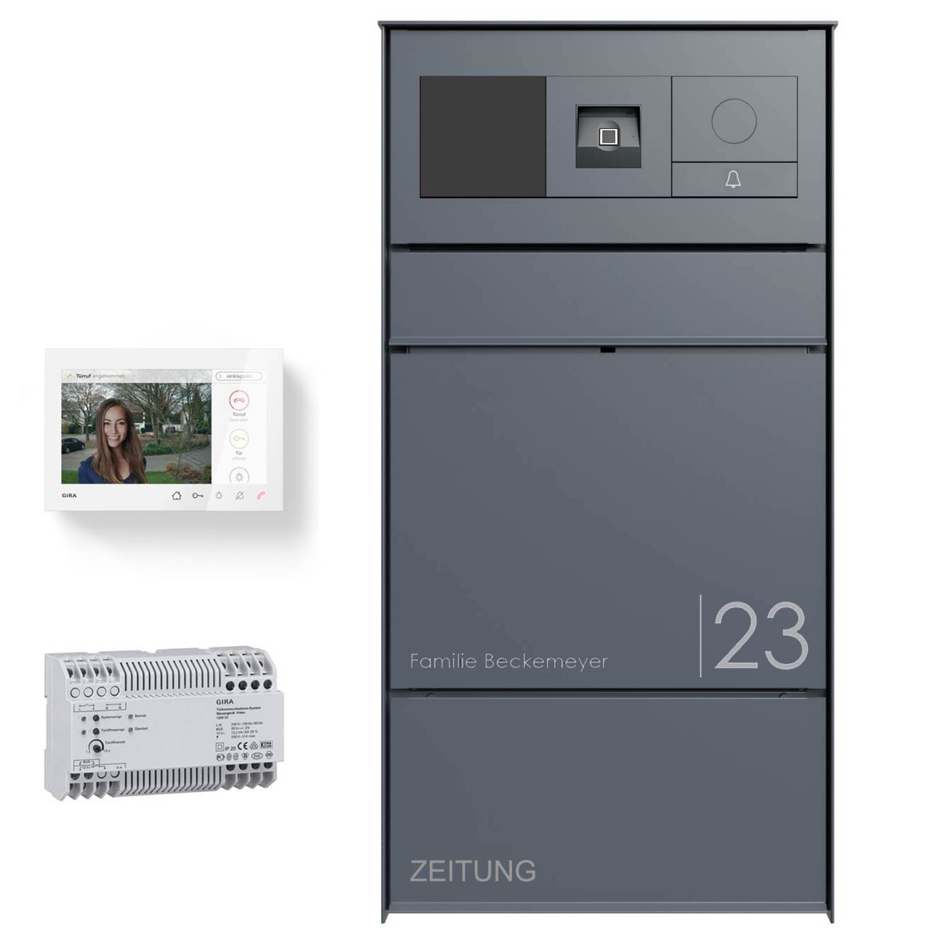 Design Aufputz Briefkasten GOETHE AP mit Zeitungsfach - RAL nach Wahl - GIRA System 106 Keyless In - VIDEO Komplettset