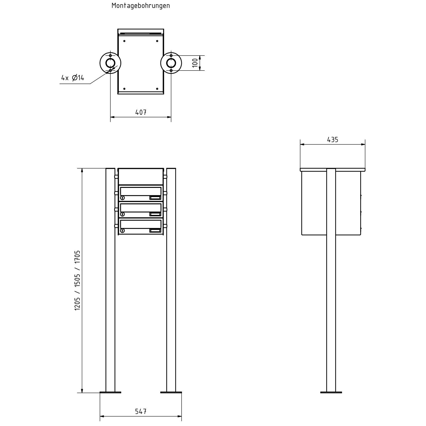 3er Standbriefkasten Design BASIC 385 ST-R mit Klingelkasten - RAL 7016 anthrazitgrau