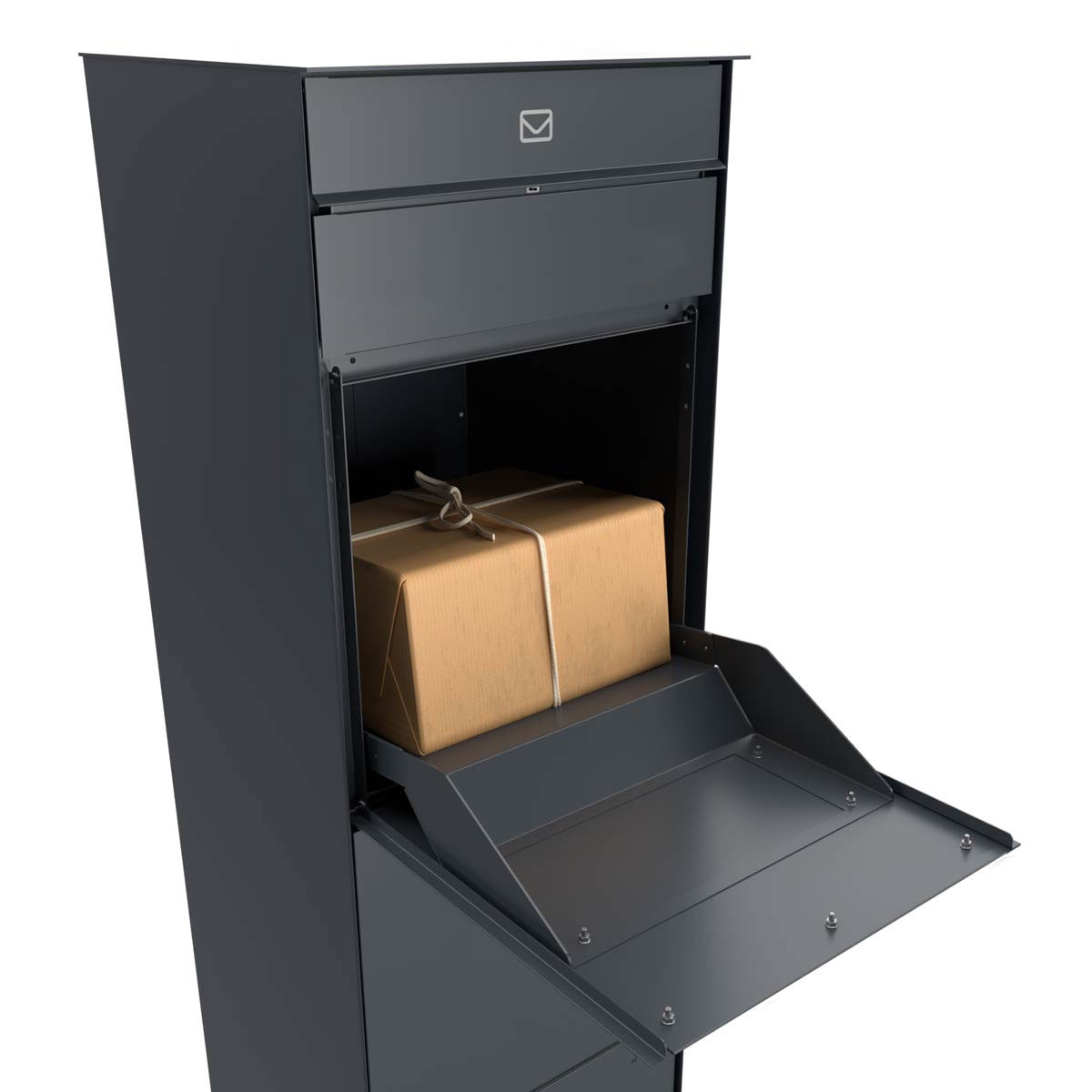 Freistehende Design Paketbox GOETHE mit 1 Briefkasten und Kamera- Sprechanlage DoorBird D1100E - Schleusensystem - RAL nach Wahl