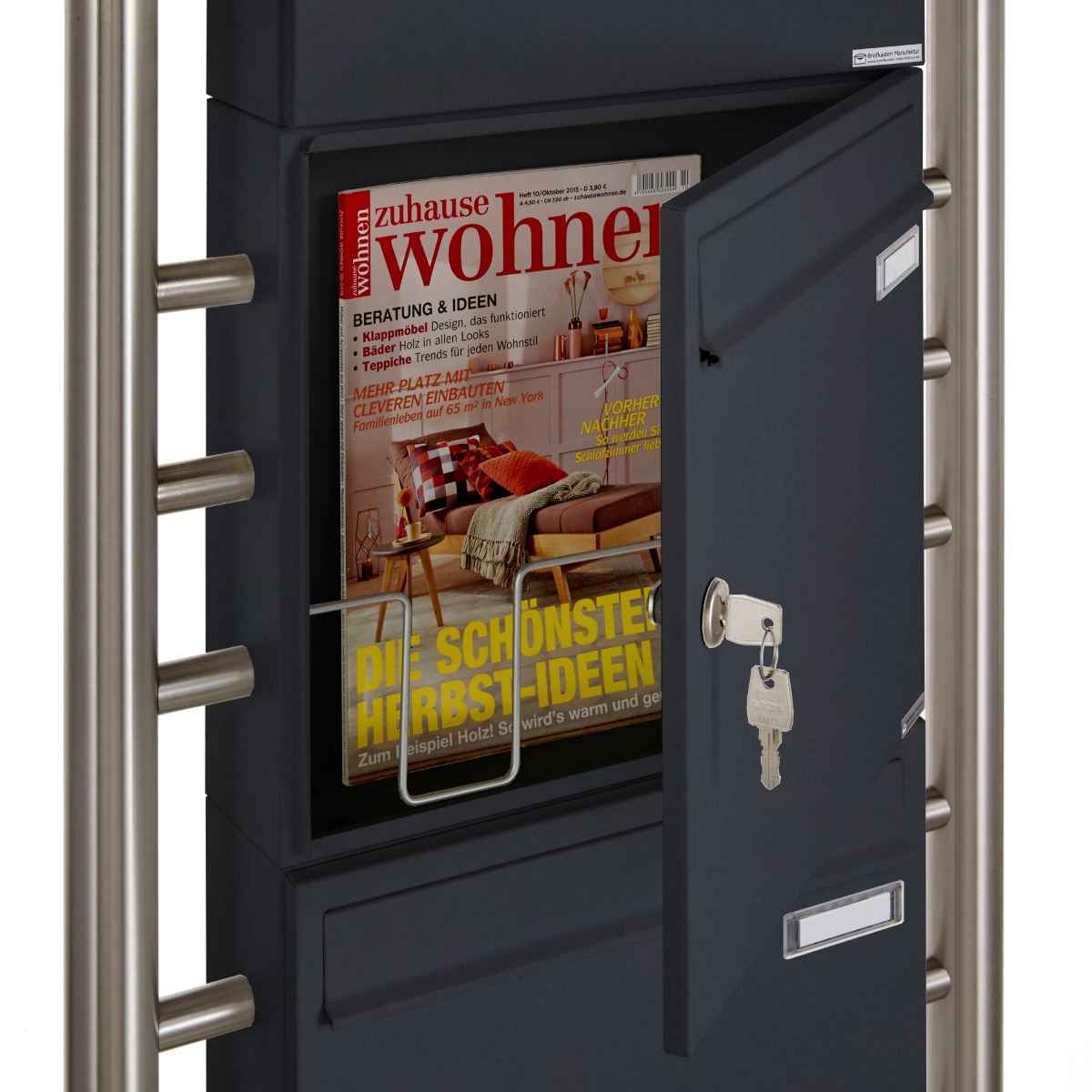 2er 2x1 Standbriefkasten Design BASIC 381 ST-R mit Zeitungsfach geschlossen - RAL 7016 anthrazitgrau