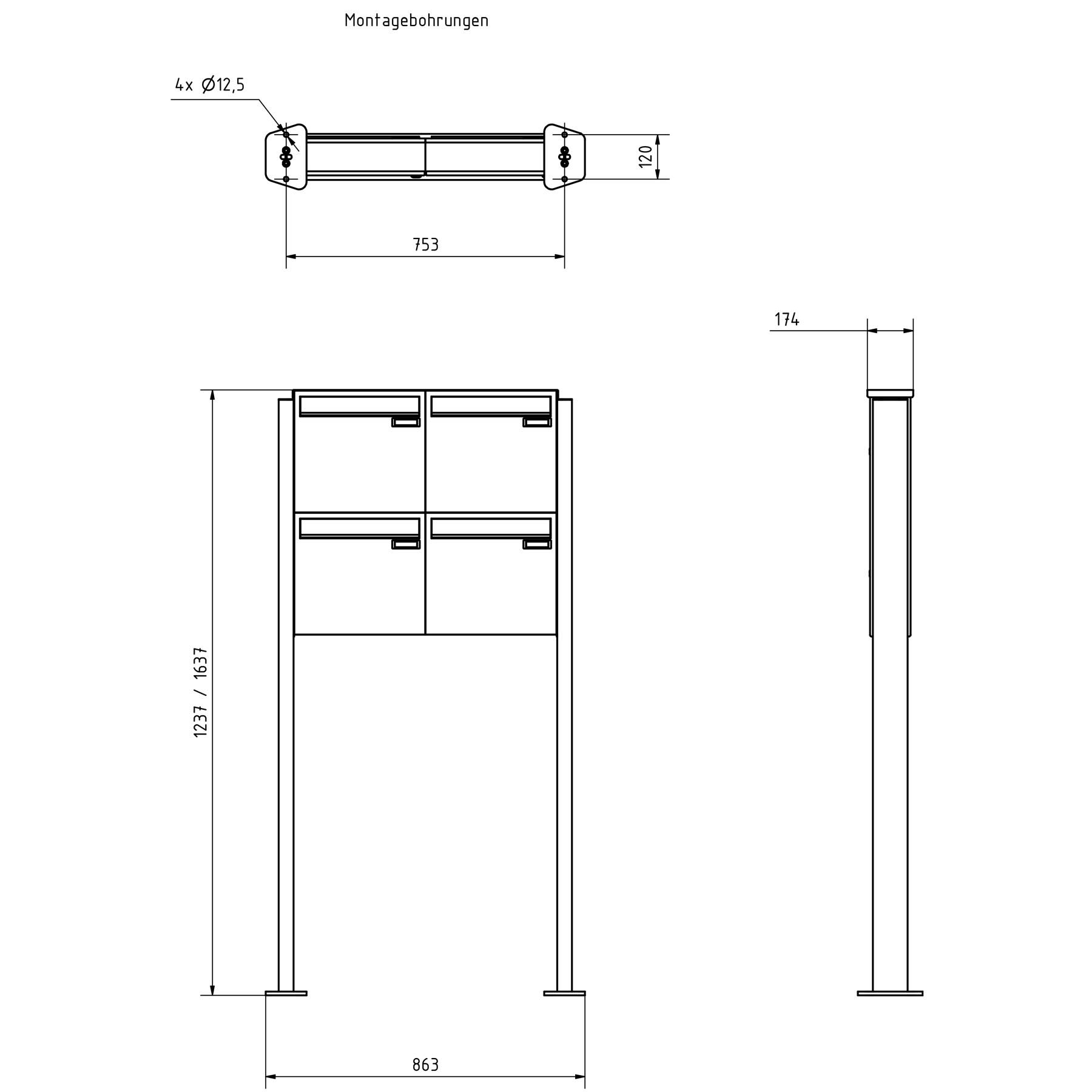 4er 2x2 Edelstahl Zaunbriefkasten Design BASIC Plus 380XZ ST-T - RAL nach Wahl