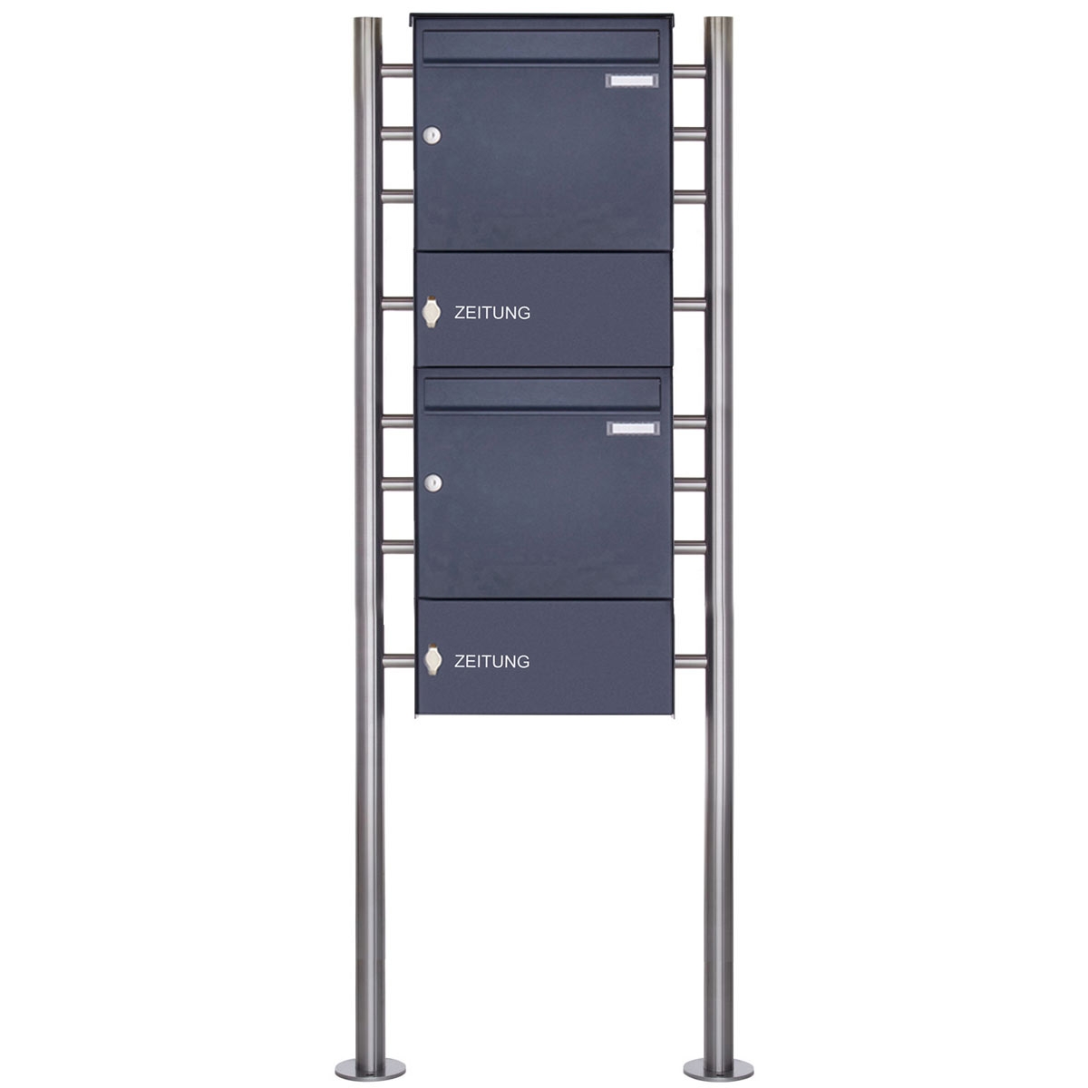 2er Edelstahl Standbriefkasten Design BASIC Plus 381X ST-R mit 2x Zeitungsfach geschlossen - RAL nach Wahl