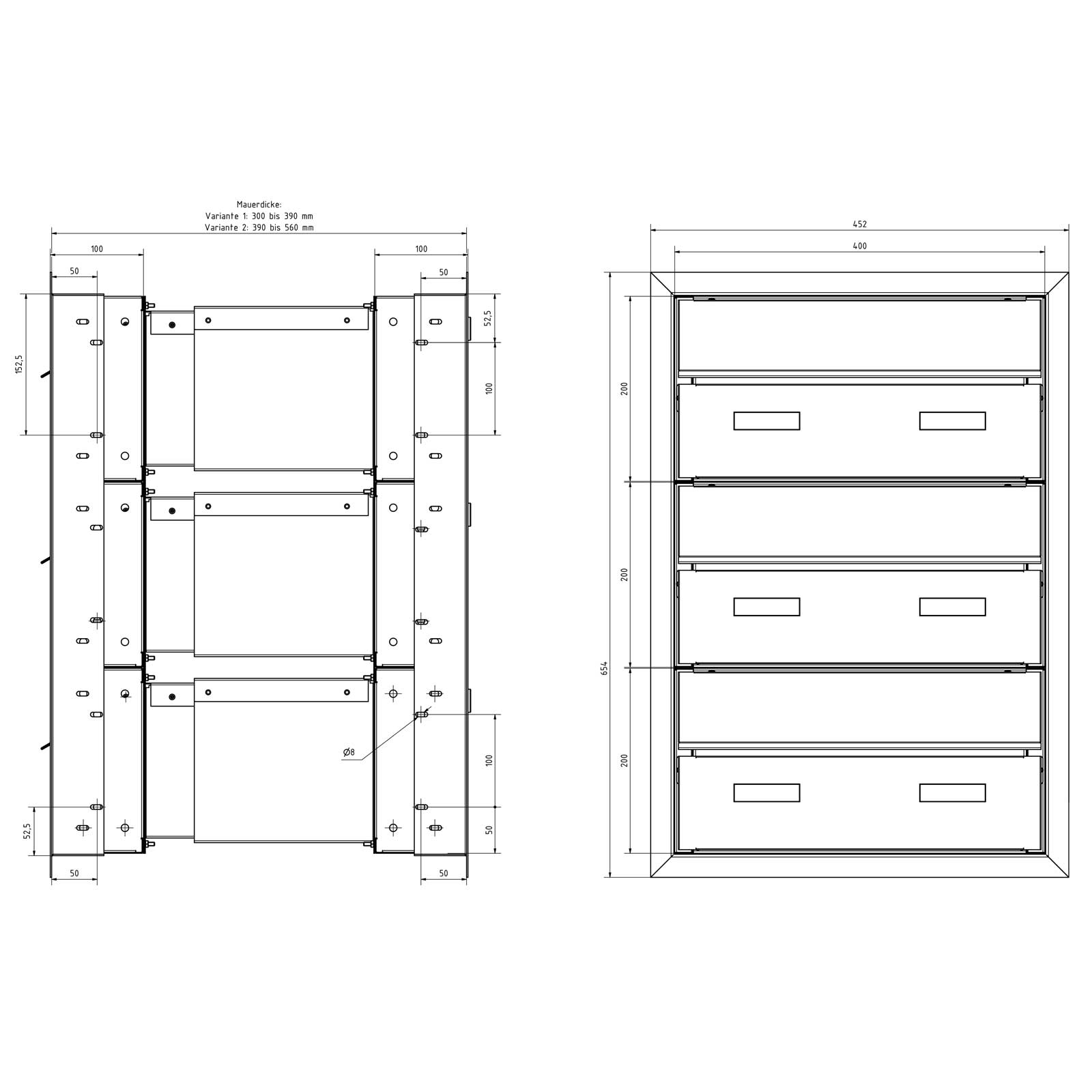 3er 1x3 Design Durchwurfbriefkasten GOETHE MDW mit Namensschild - RAL nach Wahl