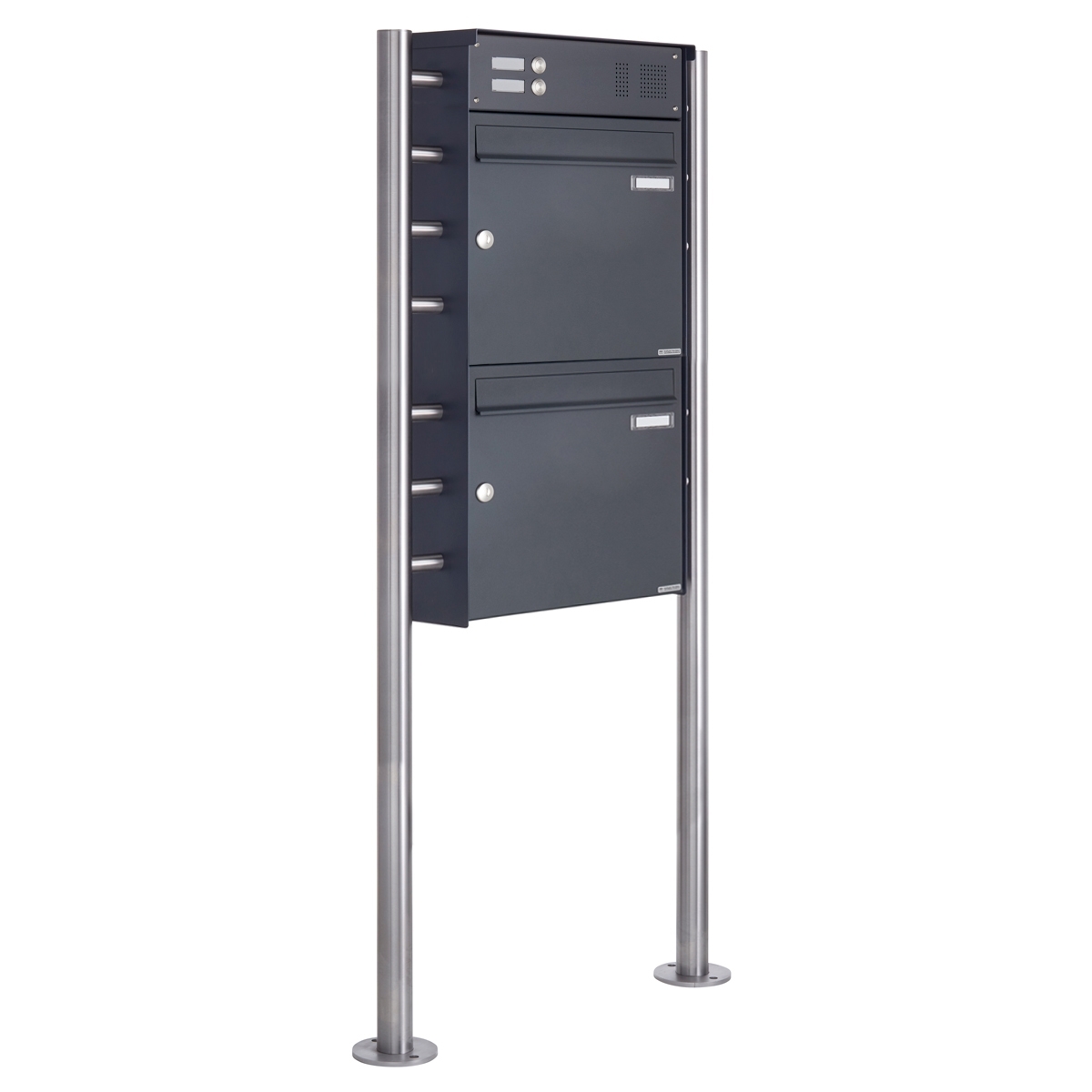 2er Edelstahl Standbriefkasten Design BASIC Plus 381X ST-R mit Klingelkasten - RAL nach Wahl