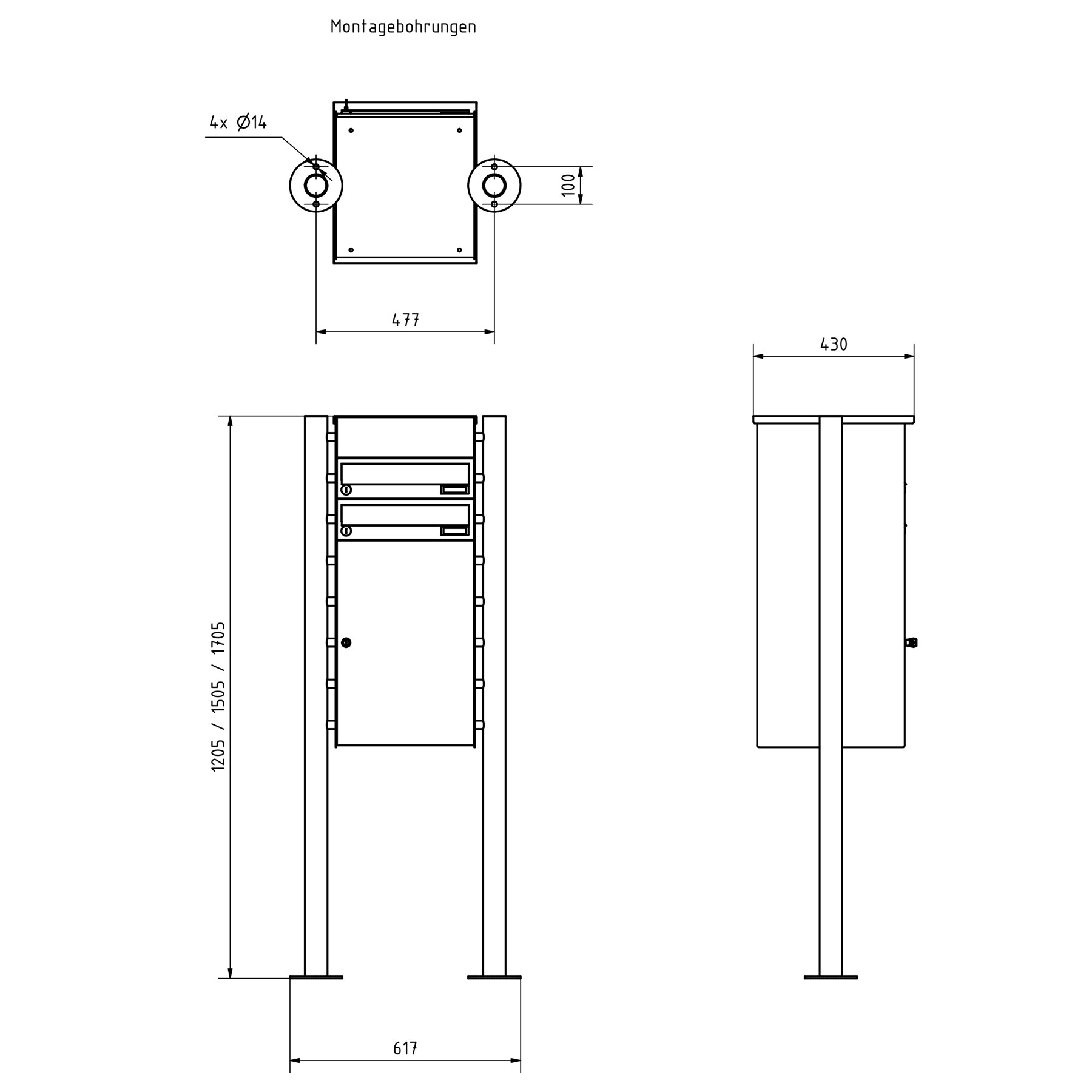 Edelstahl Standbriefkasten BASIC Plus 863X ST-R mit Klingelkasten, Zeitungsfach & Paketfach 550x370 - RAL nach Wahl