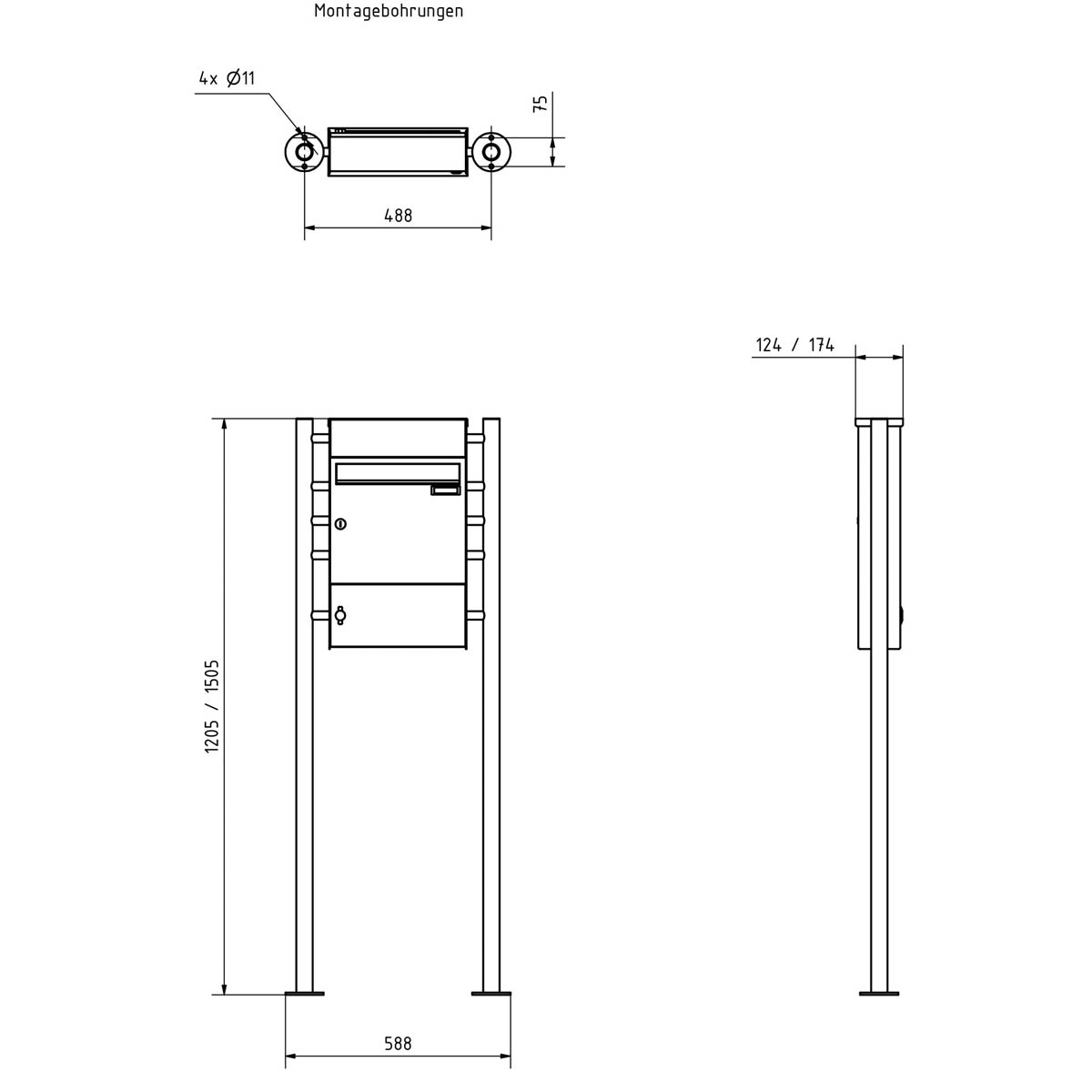 1er Standbriefkasten Design BASIC Plus 381X ST-R mit Klingelkasten & Zeitungsfach geschlossen - RAL