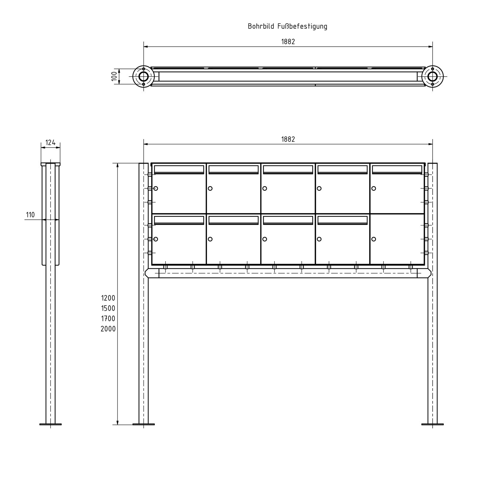 9er 2x5 Edelstahl Standbriefkasten Design BASIC Plus 381X ST-R - RAL nach Wahl