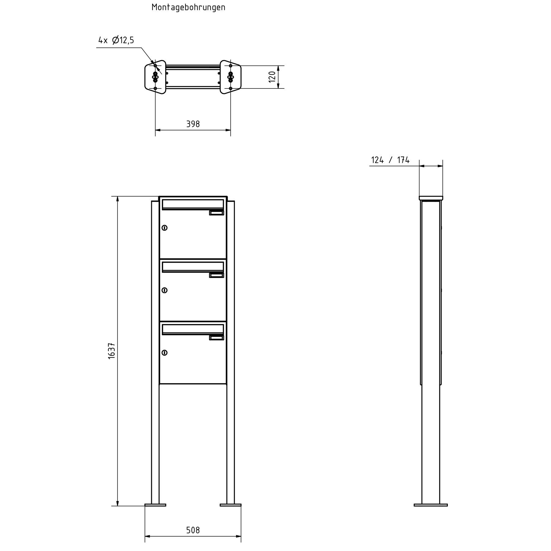 3er 1x3 Edelstahl Standbriefkasten Design BASIC Plus 380 ST-T - RAL nach Wahl