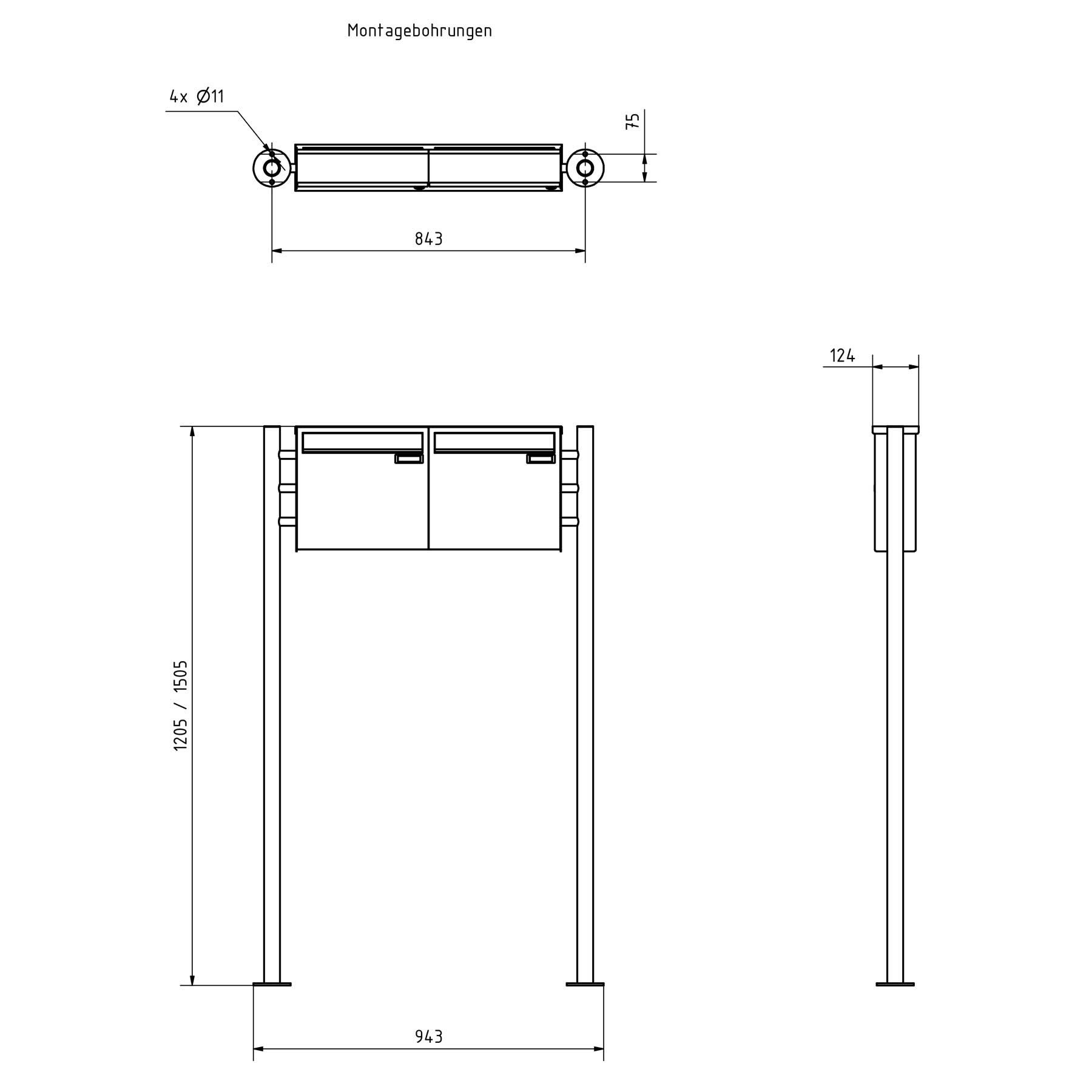 2er 2x1 Zaunbriefkasten freistehend Design BASIC Plus 381XZ ST-R - Edelstahl geschliffen