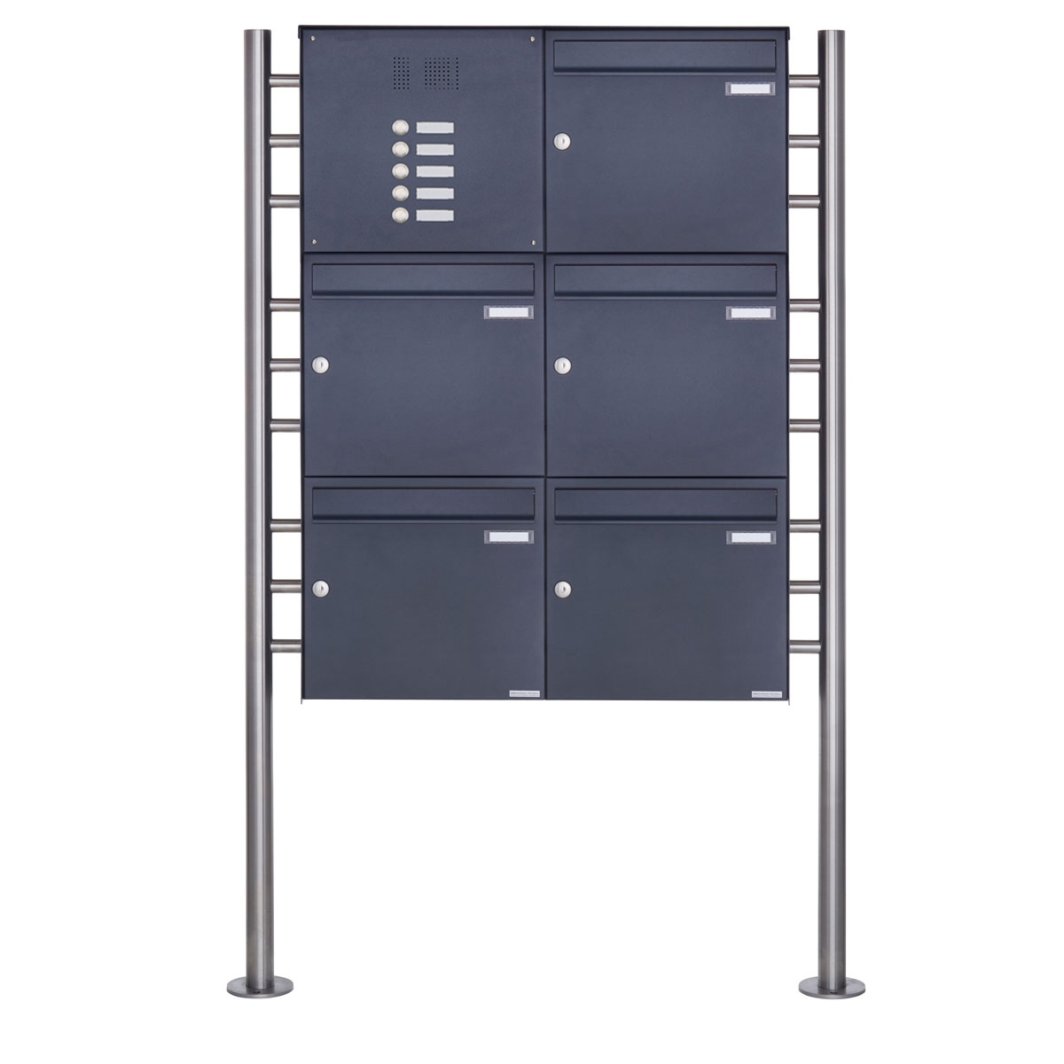 5er 3x2 Edelstahl Standbriefkasten Design BASIC Plus 381X ST-R  mit Klingelkasten - RAL nach Wahl