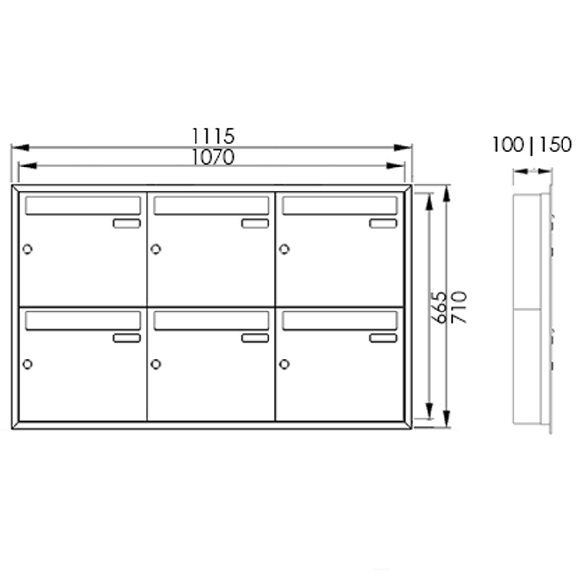 6er 3x2 Edelstahl Unterputz Briefkastenanlage BASIC Plus 382XU UP - RAL nach Wahl - 6 Parteien