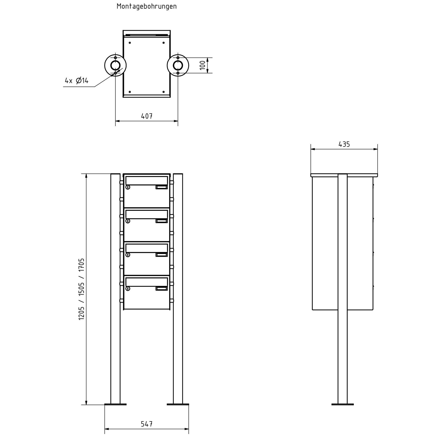 4er 4x1 Briefkastenanlage freistehend Design BASIC 385220 7016 ST-R - RAL 7016 anthrazitgrau