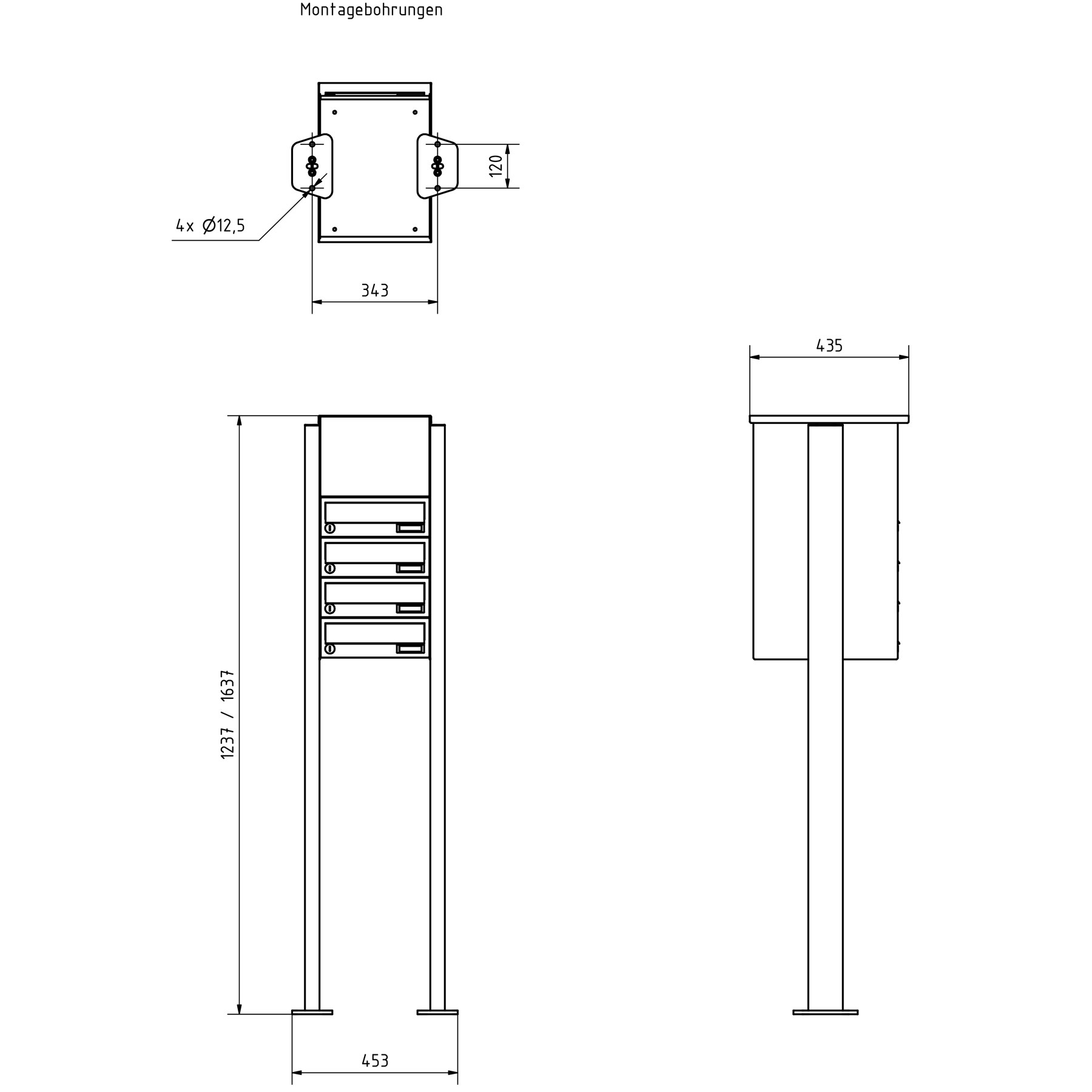 4er Standbriefkasten Design BASIC 385P ST-T mit Klingelkasten - Edelstahl-RAL 7016 anthrazit