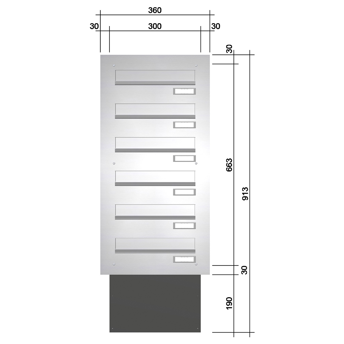 Mauerdurchwurf Briefkasten BASIC 622 - Edelstahl V2A geschliffen - 6 Parteien