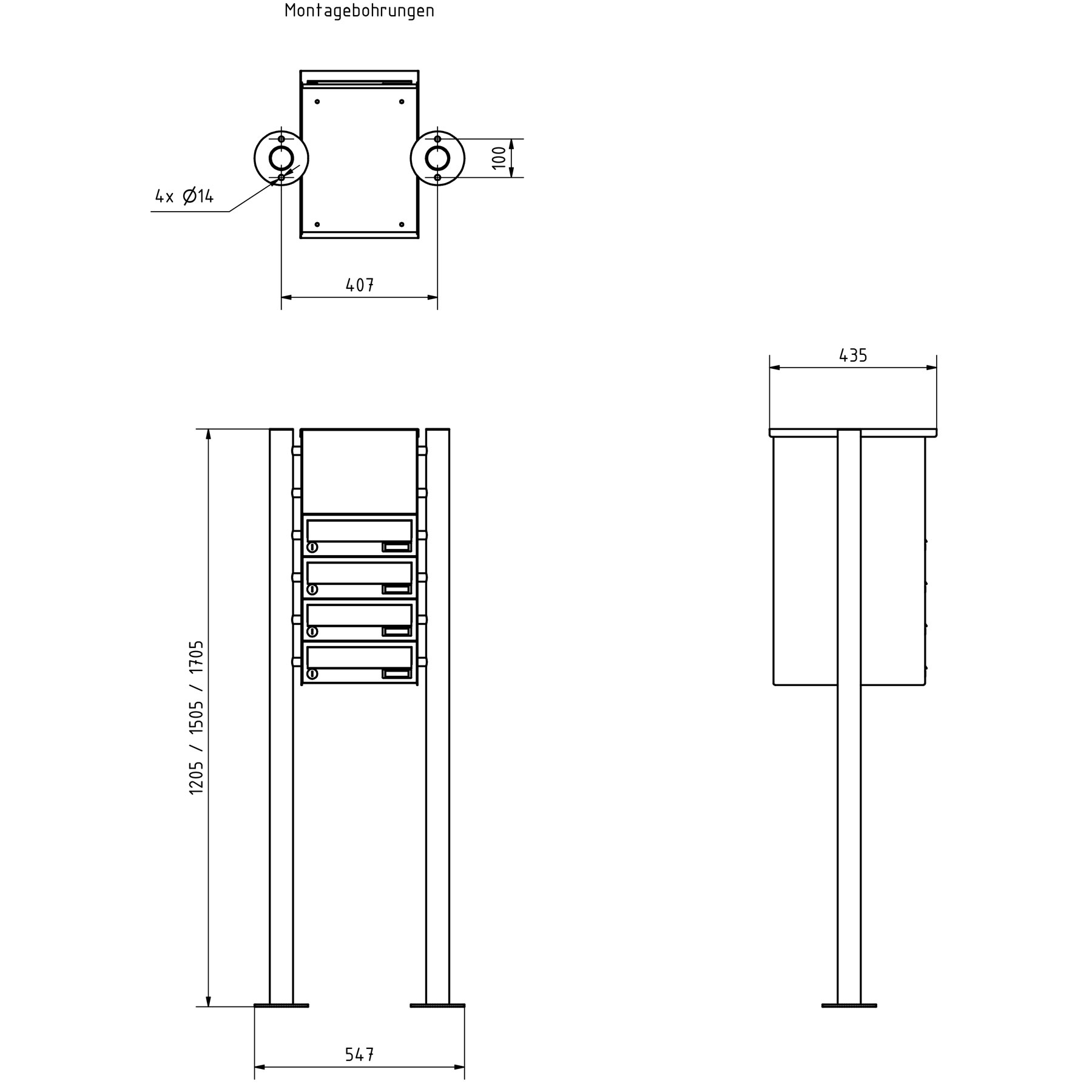 4er Standbriefkasten Design BASIC 385 ST-R mit Klingelkasten - RAL 7016 anthrazitgrau