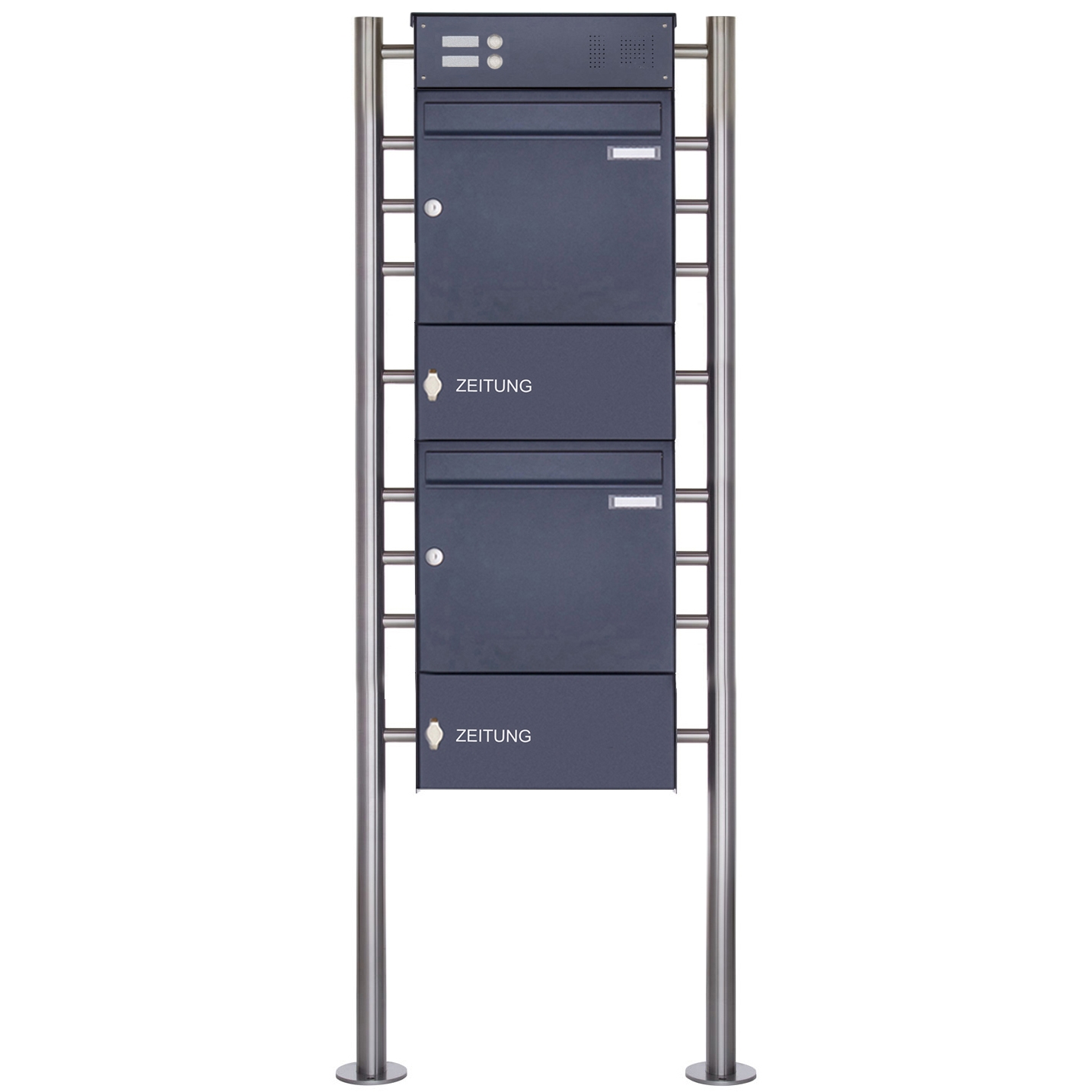 2er Edelstahl Standbriefkasten Design BASIC Plus 381X ST-R mit Klingelkasten & Zeitungsfach - RAL