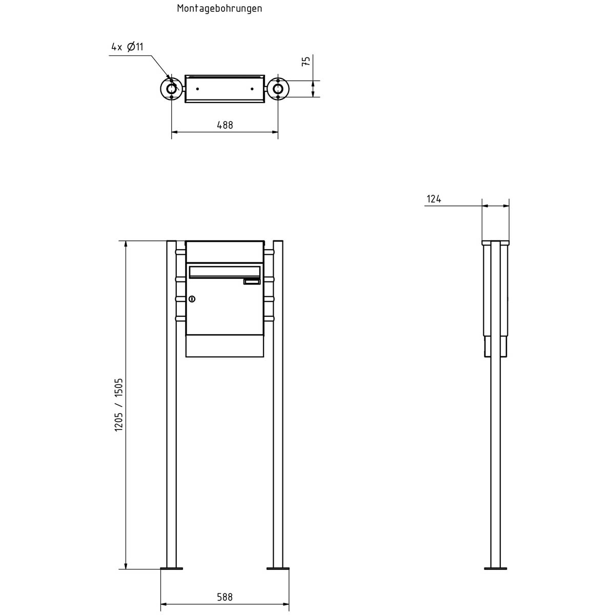 1er Standbriefkasten Design BASIC Plus 381X ST-R mit Klingelkasten & Zeitungsfach - RAL nach Wahl