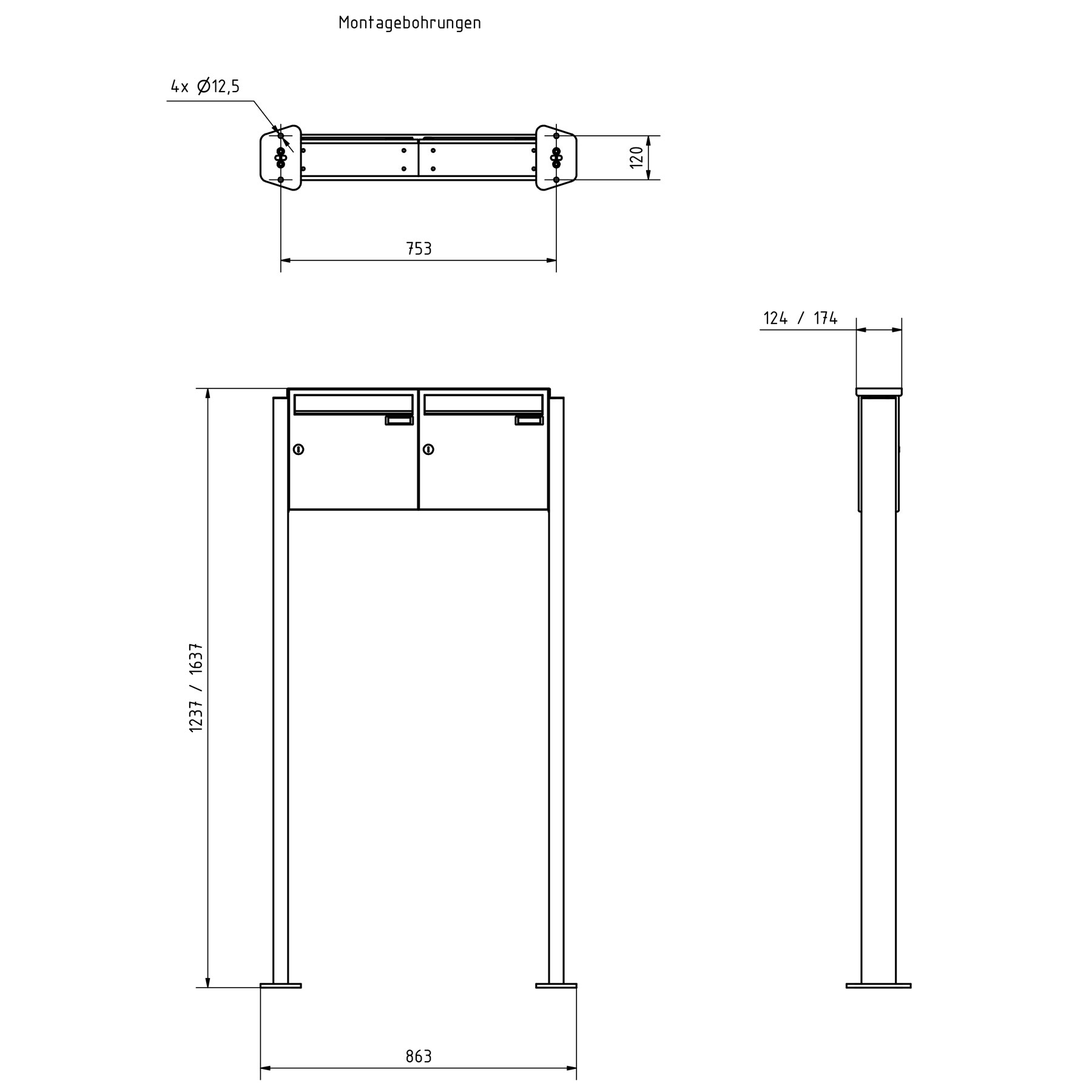 2er 2x1 Edelstahl Standbriefkasten Design BASIC Plus 380 ST-T - RAL nach Wahl