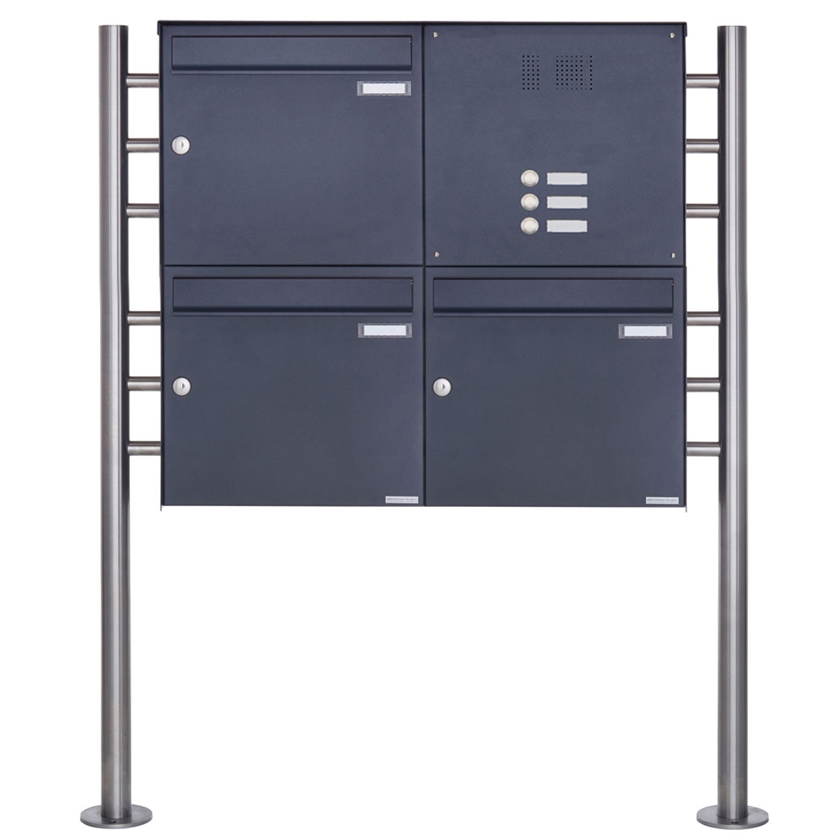 3er Edelstahl Standbriefkasten Design BASIC Plus 381X ST-R  mit Klingelkasten - RAL nach Wahl