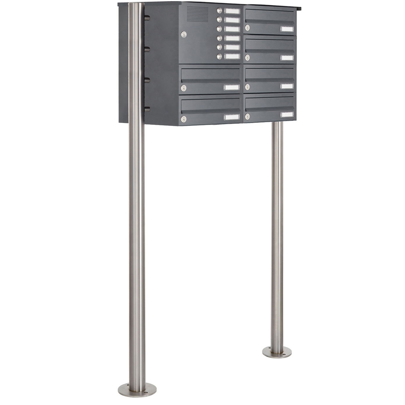 6er Edelstahl Standbriefkasten Design BASIC Plus 385 X ST-R mit Klingelkasten - RAL nach Wahl