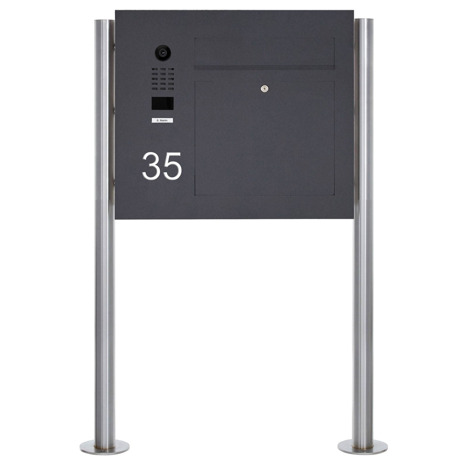 Edelstahl Standbriefkasten Designer Modell BIG ST-R mit DoorBird Video- Sprechanlage seitlich - RAL nach Wahl