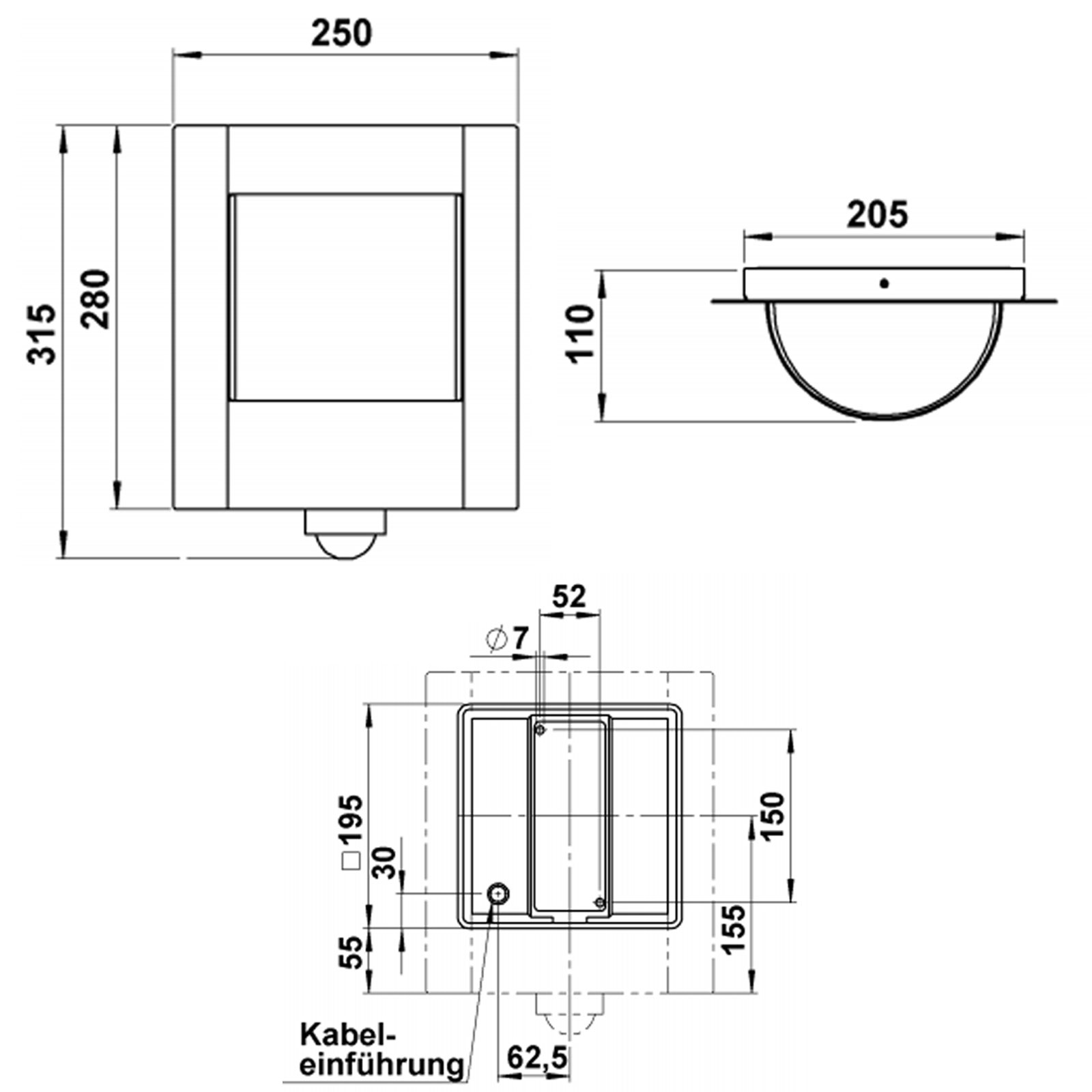 Design Wandleuchte KELLER mit Bewegungsmelder 250x315 - Edelstahl geschliffen