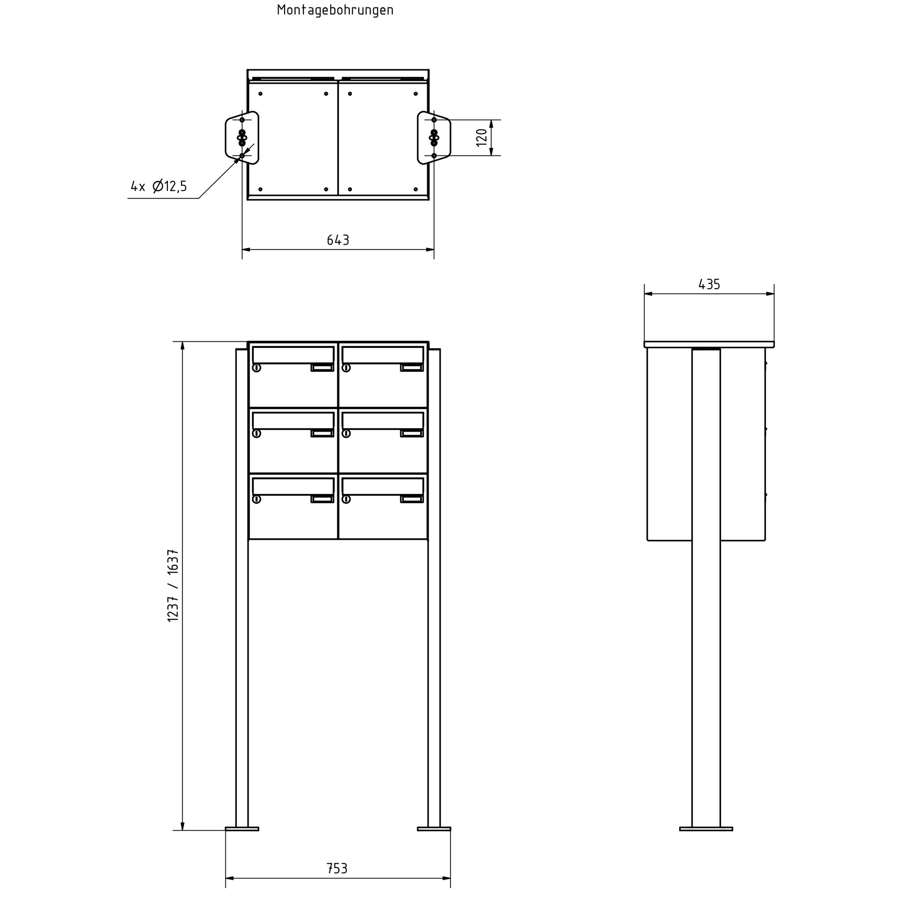 6er Briefkastenanlage freistehend Design BASIC Plus 385XP ST-T - Edelstahl-RAL nach Wahl