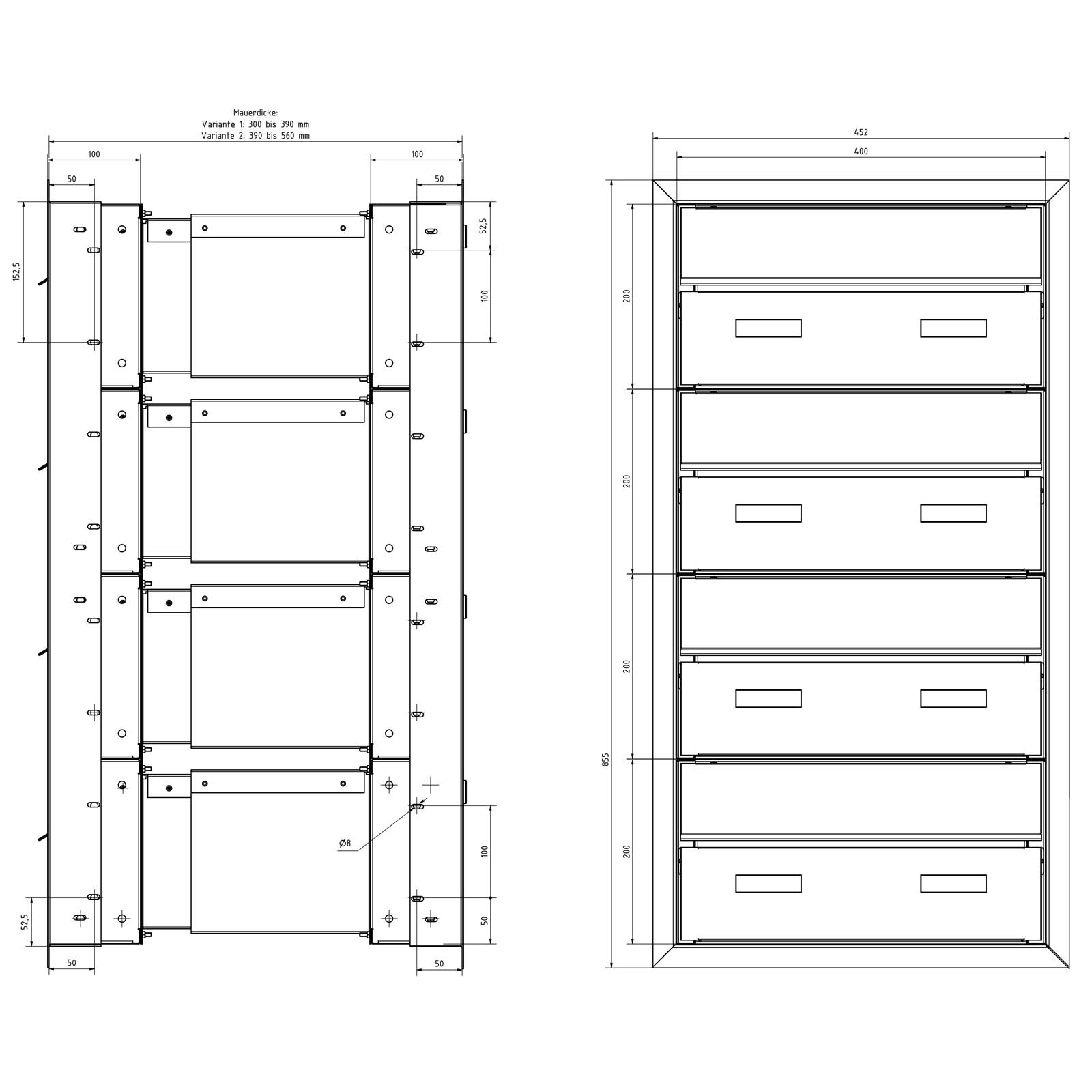 4er 1x4 Design Durchwurfbriefkasten GOETHE MDW mit Namensschild - RAL nach Wahl