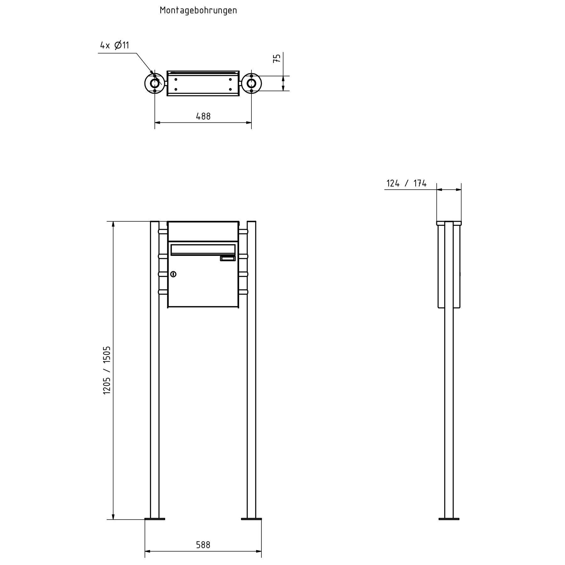 1er Standbriefkasten Design BASIC Plus 381X ST-R mit Klingelkasten - Edelstahl V2A geschliffen