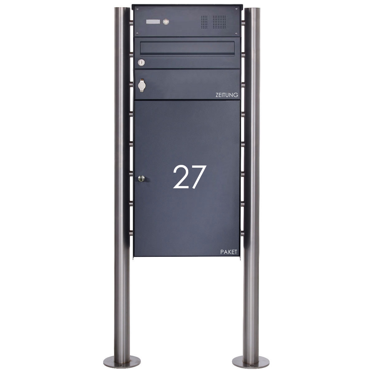 Edelstahl Standbriefkasten BASIC Plus 863X ST-R mit Klingelkasten, Zeitungsfach & Paketfach 550x370 - RAL nach Wahl