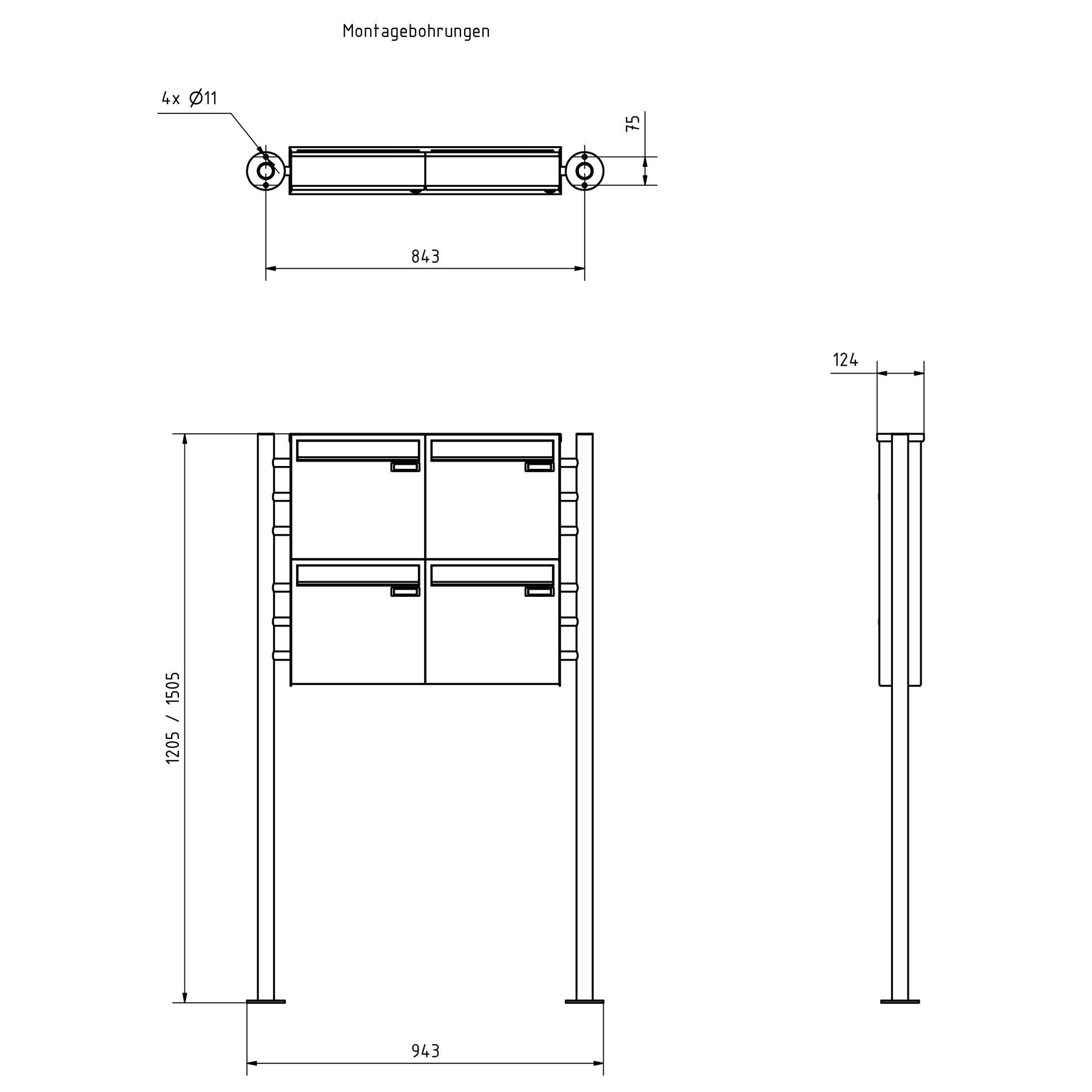 4er 2x2 Zaunbriefkasten freistehend Design BASIC Plus 381XZ ST-R - Edelstahl geschliffen