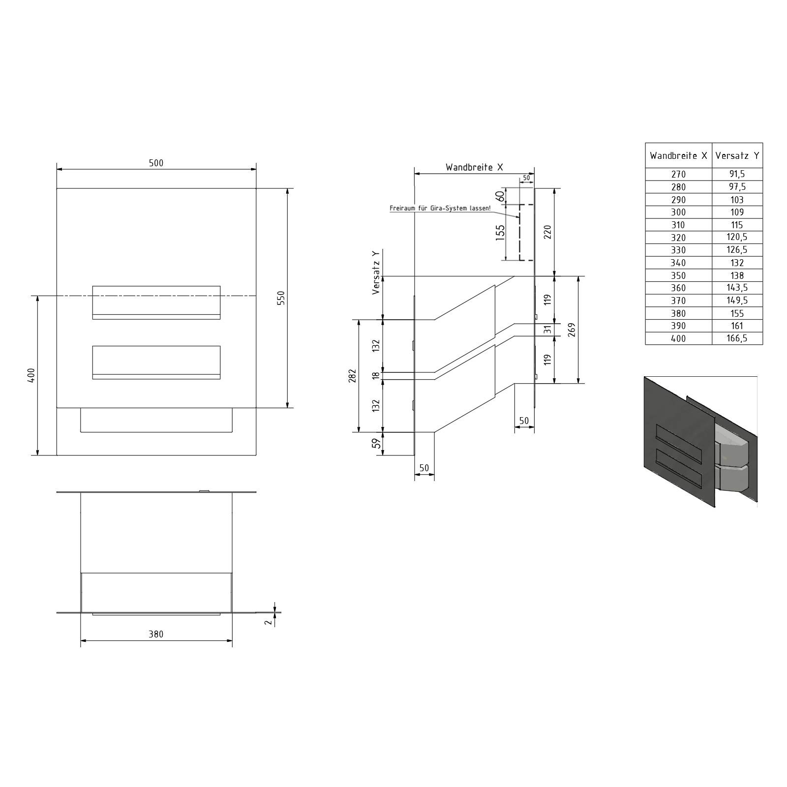 2er Edelstahl Mauerdurchwurf Briefkasten Designer Modell - GIRA System 106 - 3-fach vorbereitet