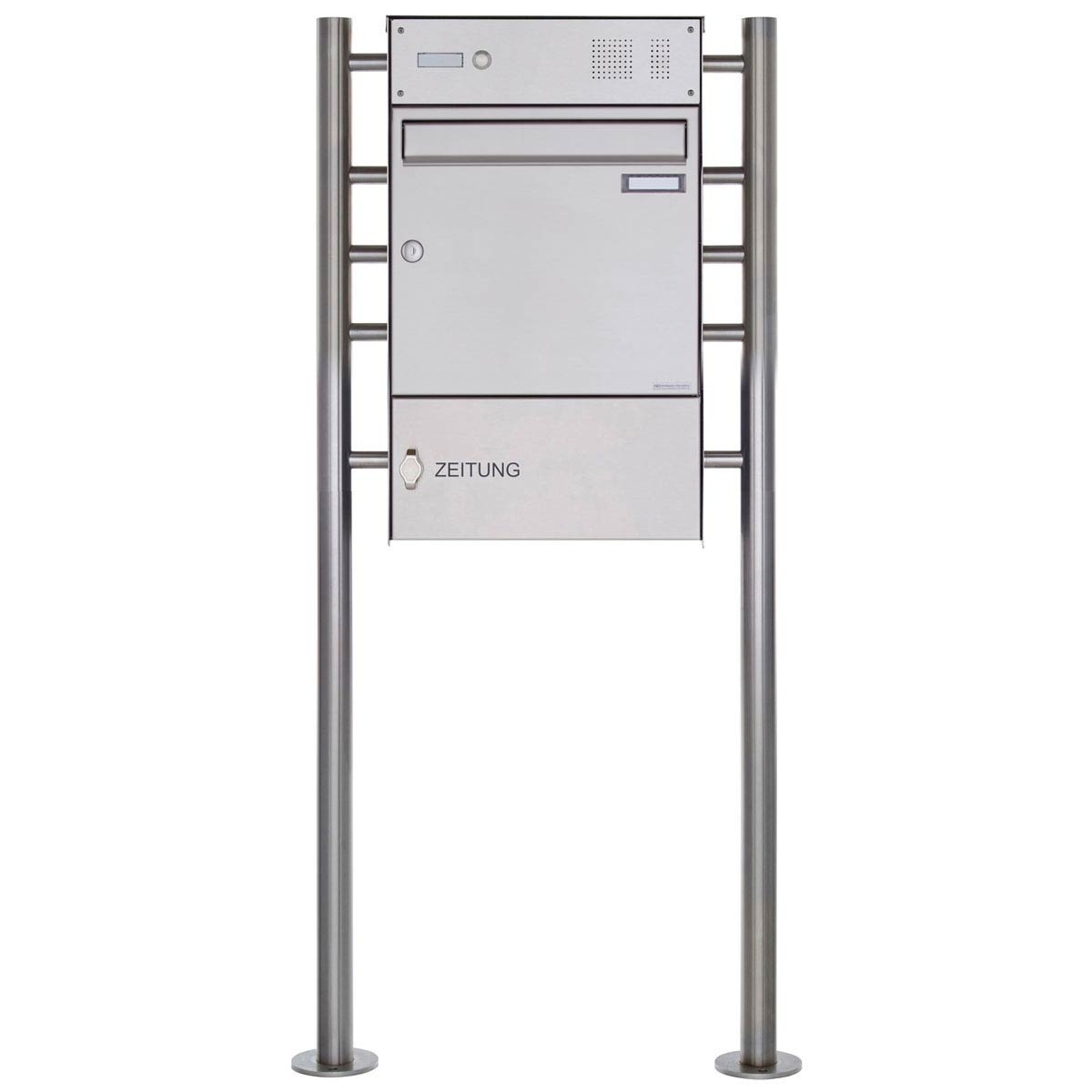 1er Standbriefkasten Design BASIC Plus 381X ST-R mit Klingelkasten & Zeitungsfach geschlossen - Edelstahl