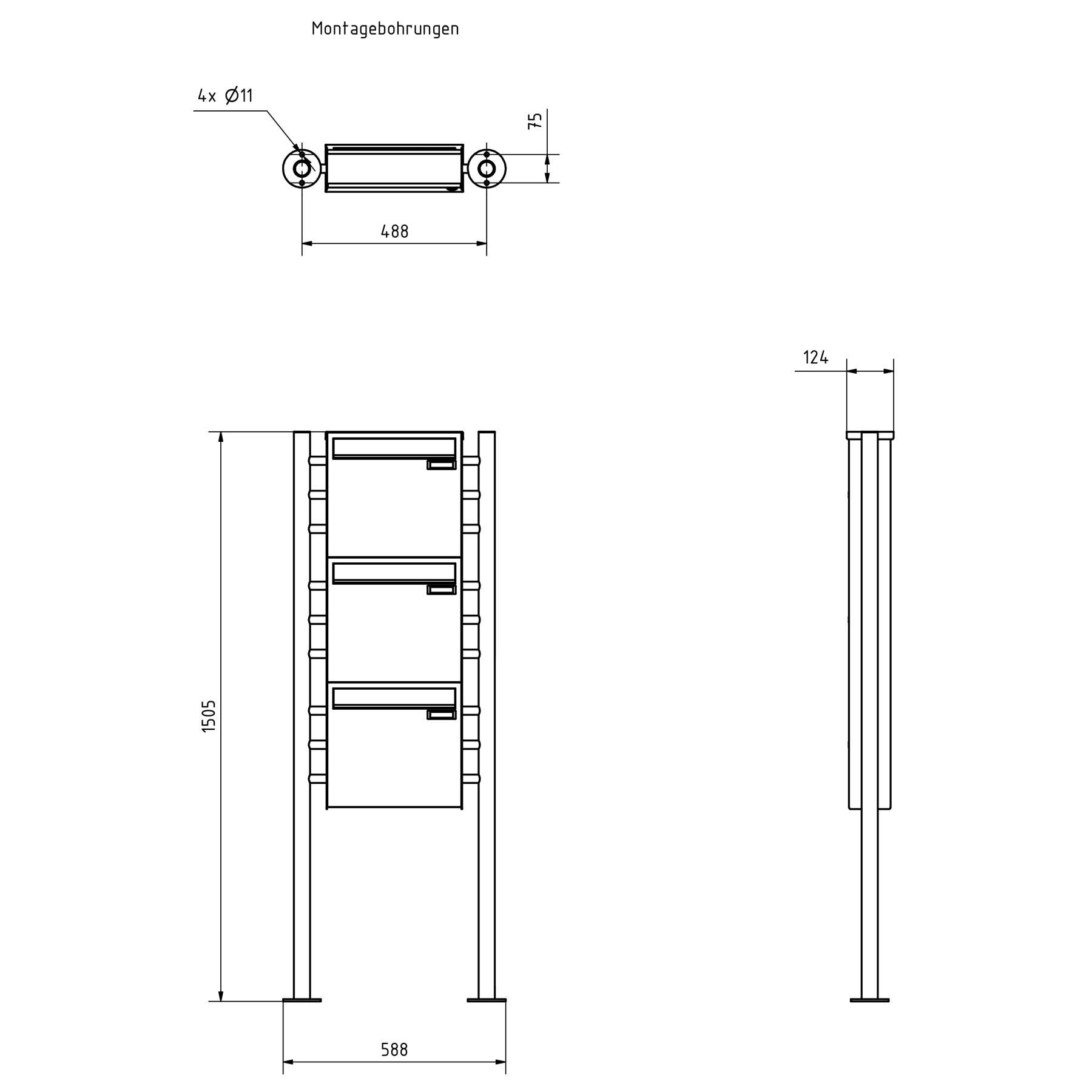 3er 1x3 Zaunbriefkasten freistehend Design BASIC Plus 381XZ ST-R - Edelstahl geschliffen