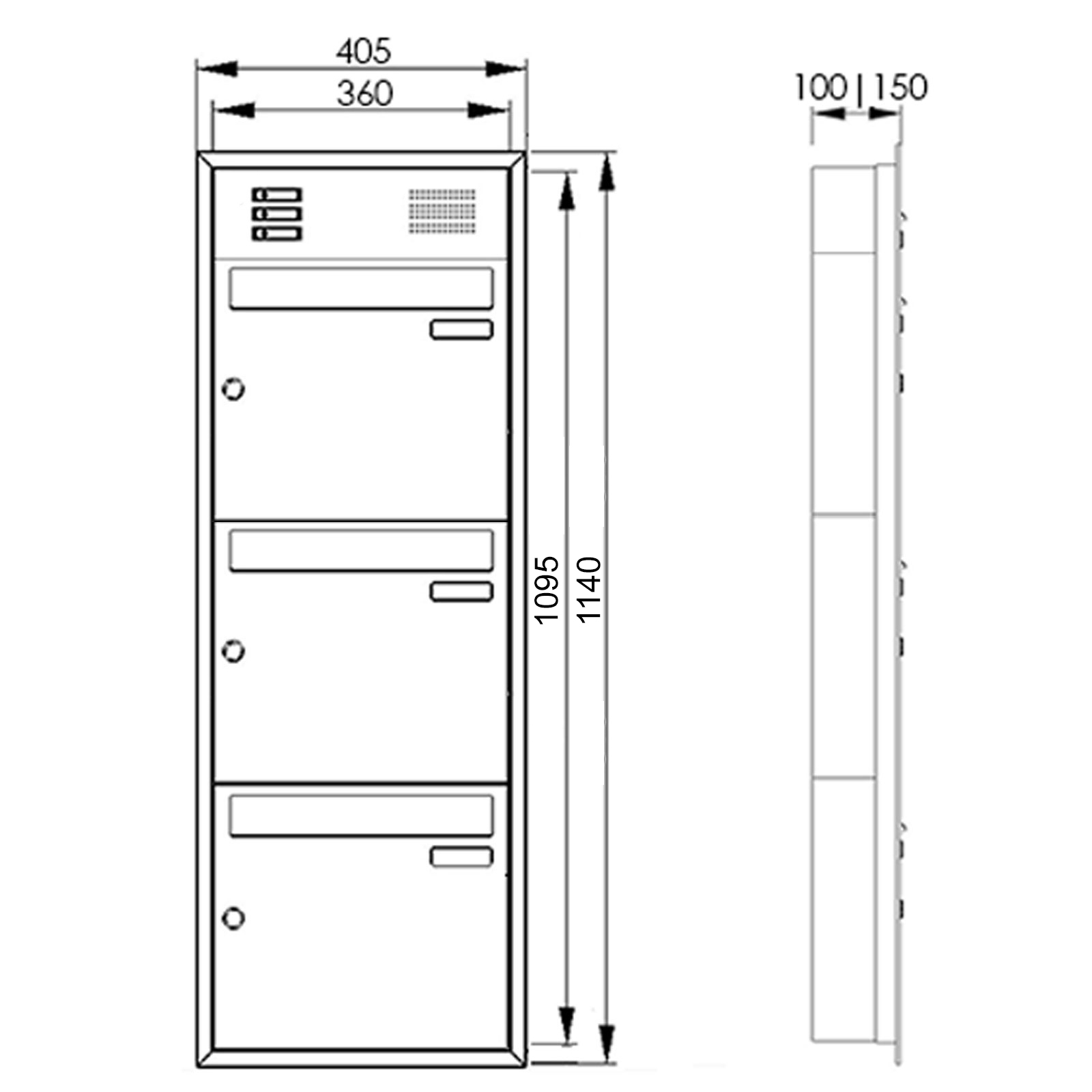 3er 1x3 Edelstahl Unterputzbriefkasten BASIC Plus 382XU UP mit Klingelkasten