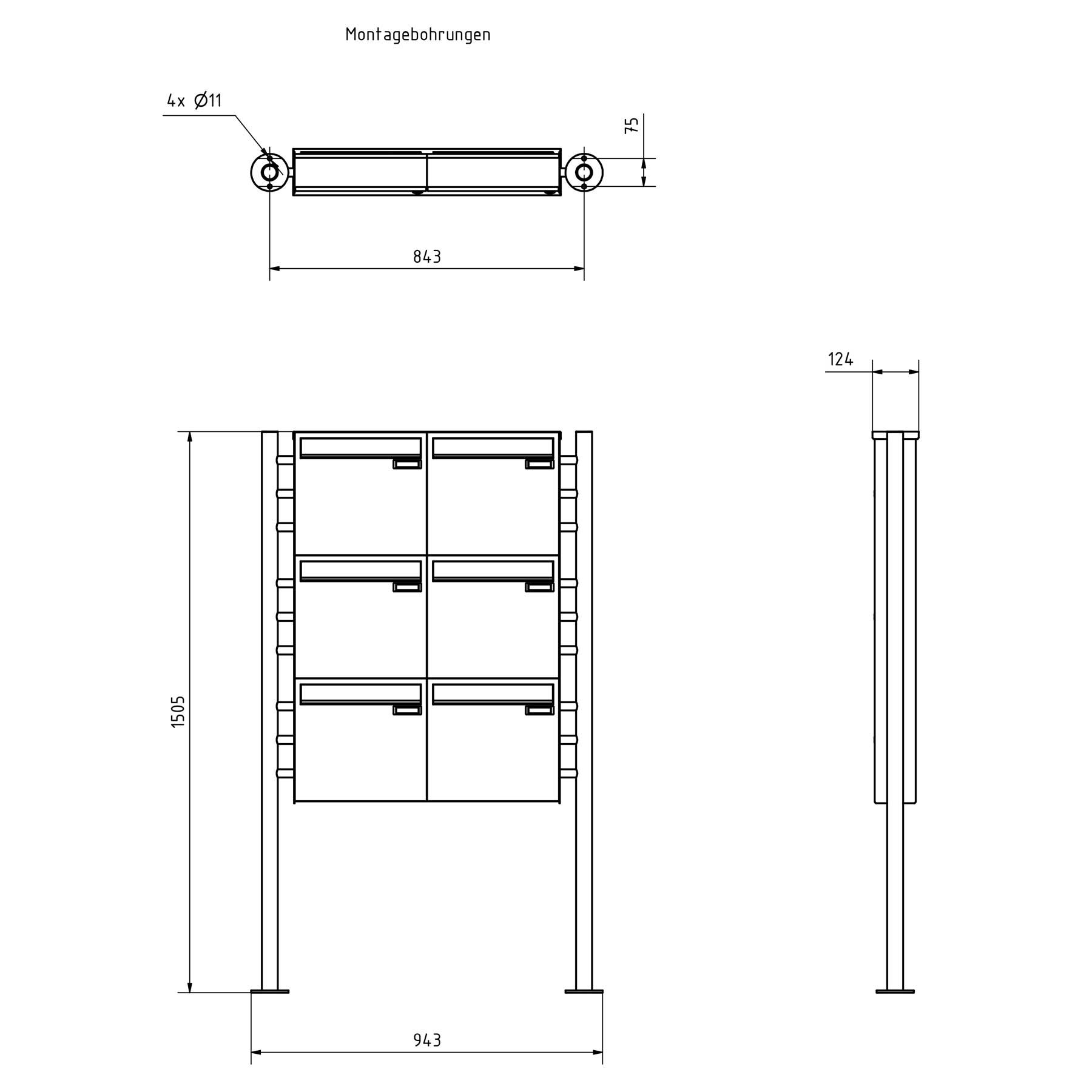 6er 2x3 Zaunbriefkasten freistehend Design BASIC Plus 381XZ ST-R - RAL nach Wahl