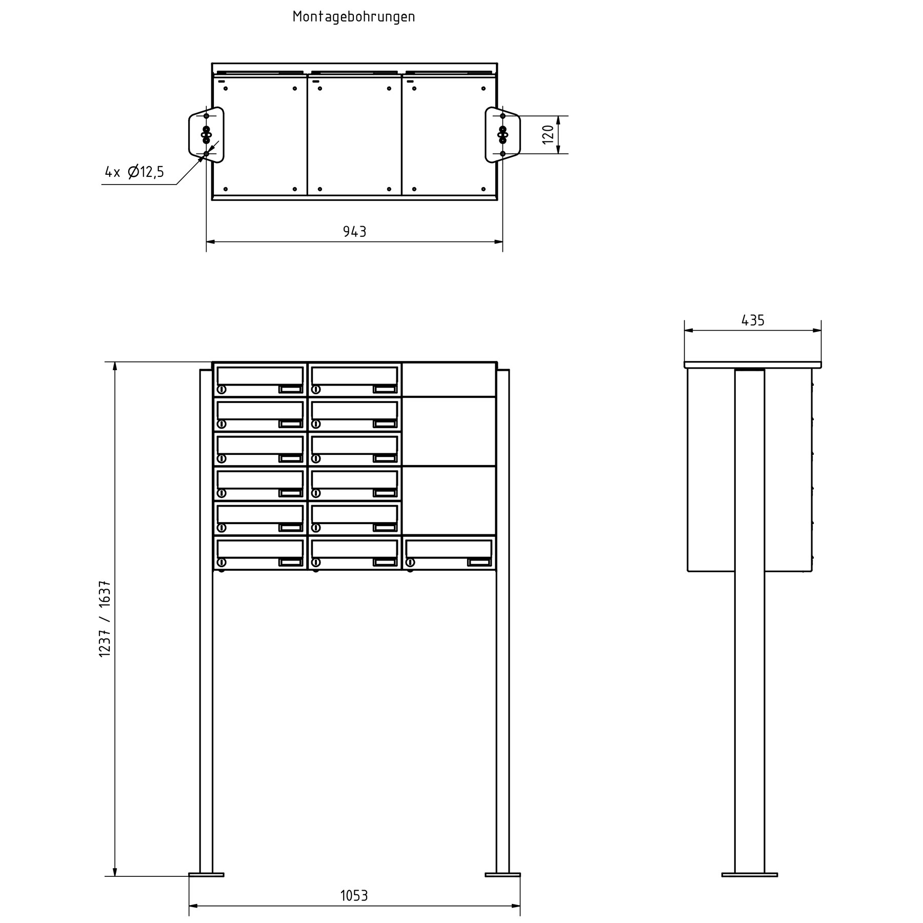 13er Briefkastenanlage freistehend Design BASIC 385P-7016-SP mit Klingel- Sprechteil inkl. Seitenverkleidung & Regendach - Briefkästen waagerecht - Anthrazit-Grau RAL 7016